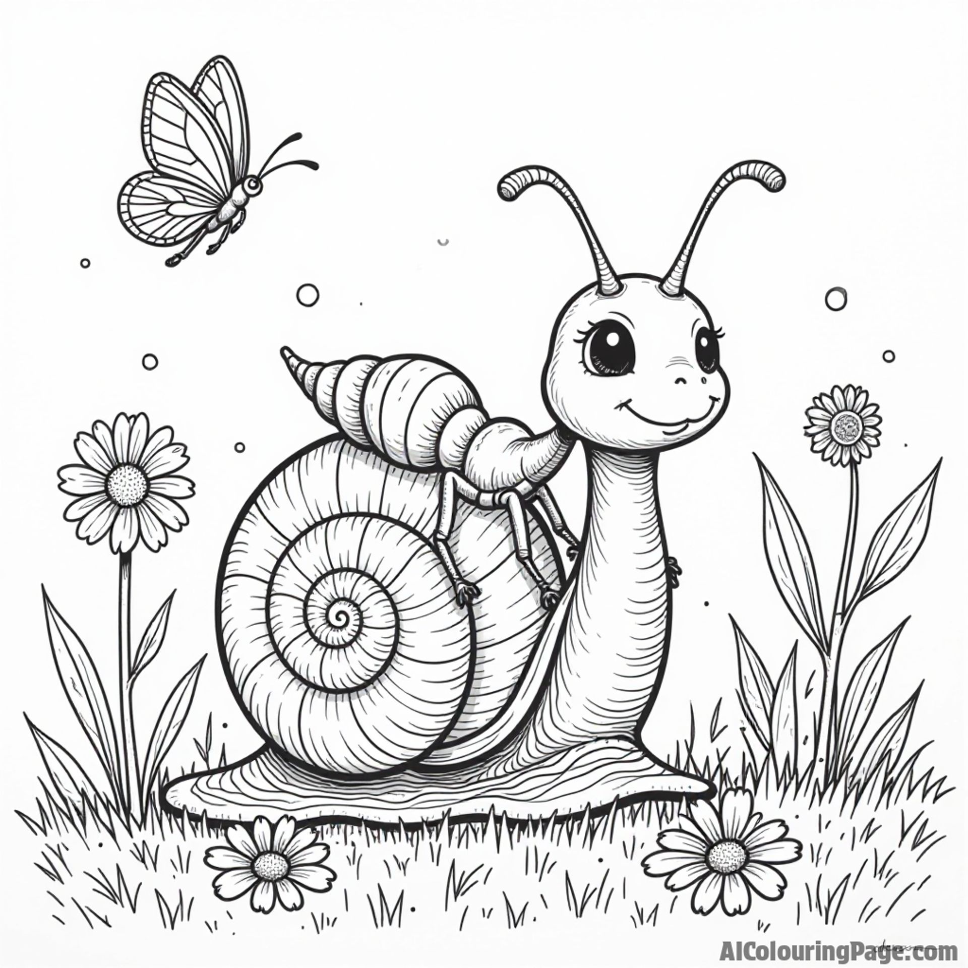 A playful ant riding a snail through a meadow with butterflies and daisies, perfect for kids to enjoy coloring.