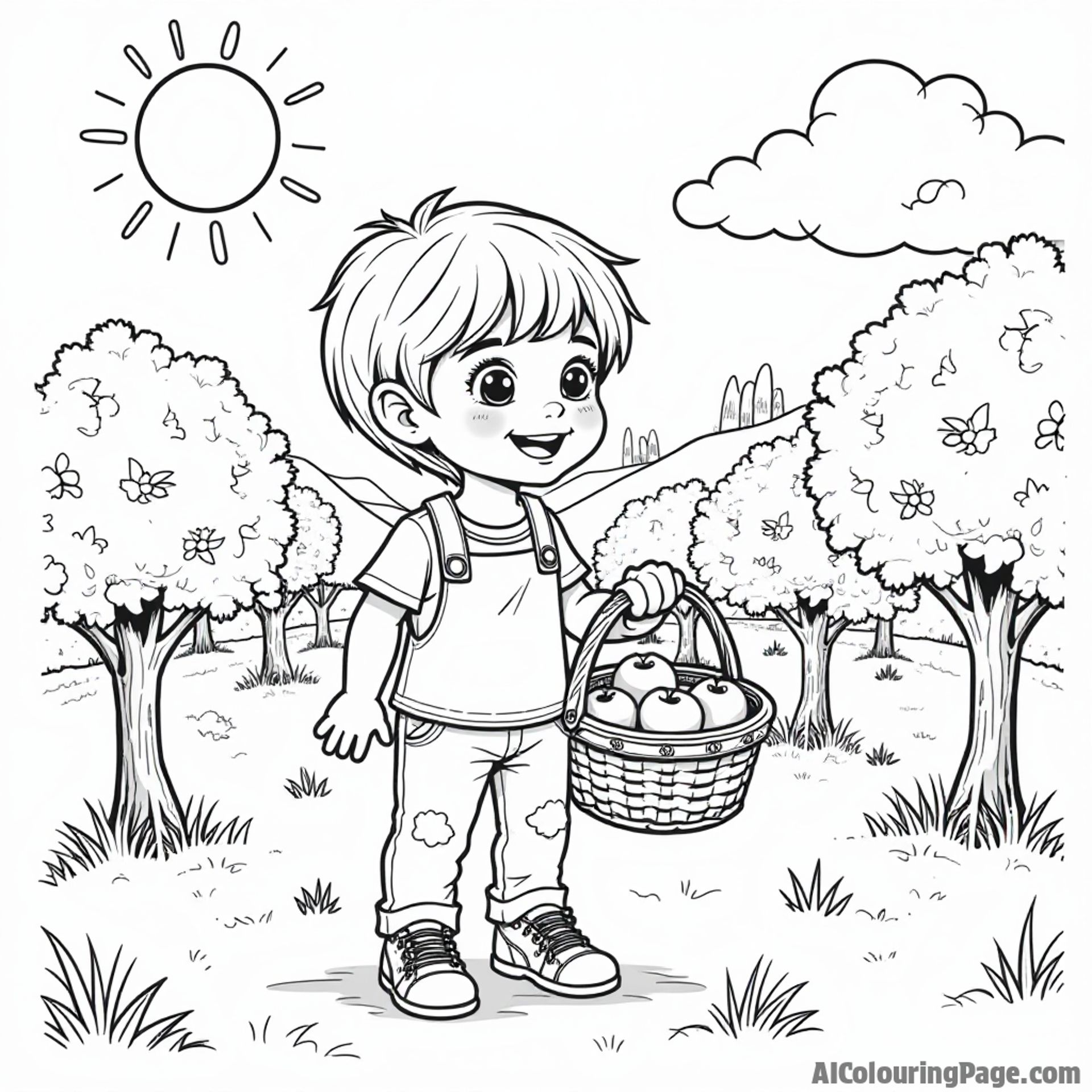 A cheerful child holding a basket of Tennessee peaches in a sunny orchard with rolling hills in the background.