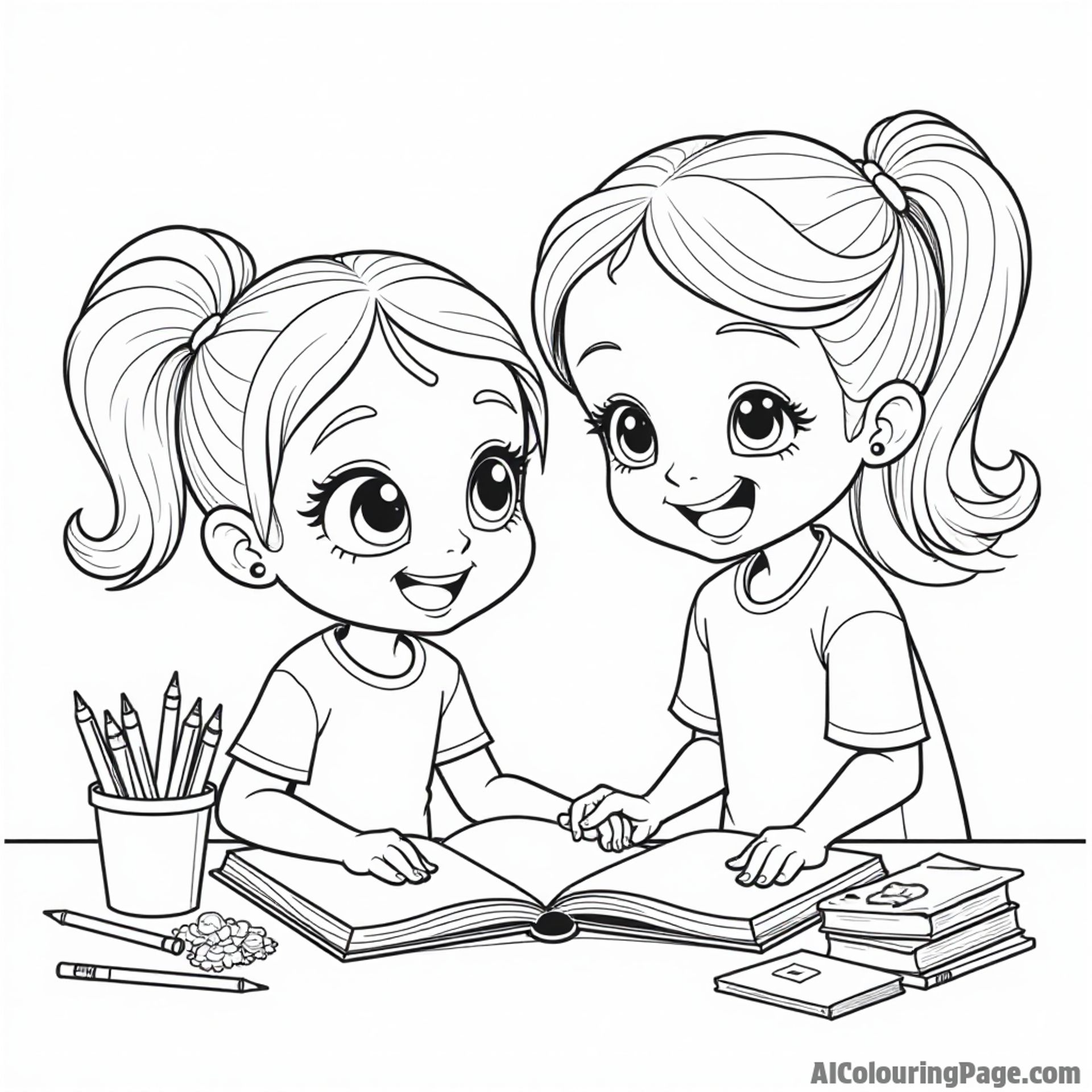 Buttercup and Bubbles helping a friend with homework, surrounded by books, pencils, and snacks, promoting teamwork and learning