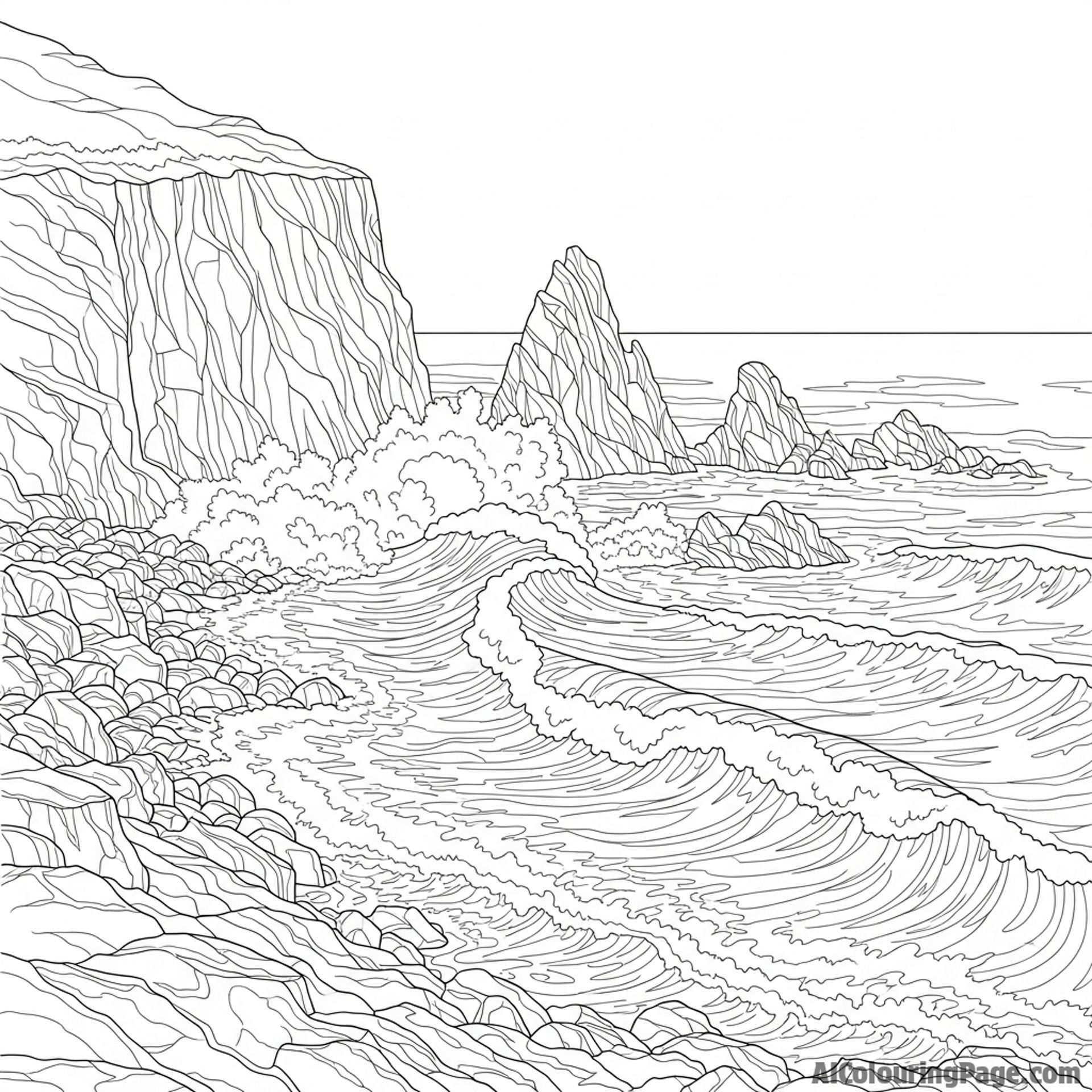 A rocky coastline battered by powerful waves.