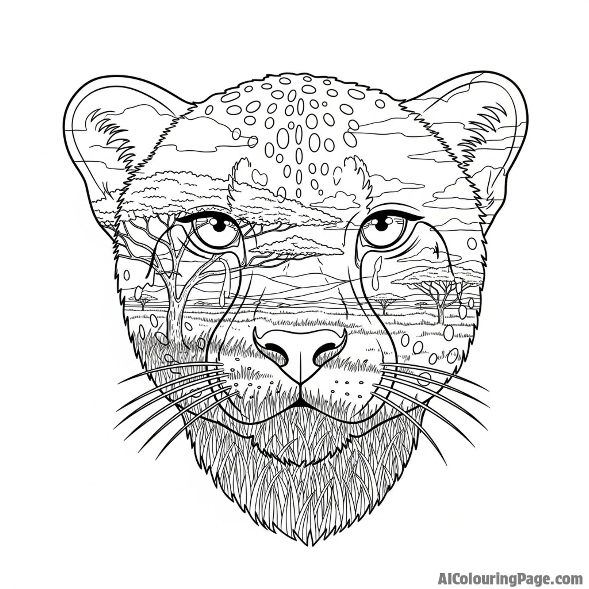 An artistic double-exposure portrait combining a cheetah's face with the savanna landscape.