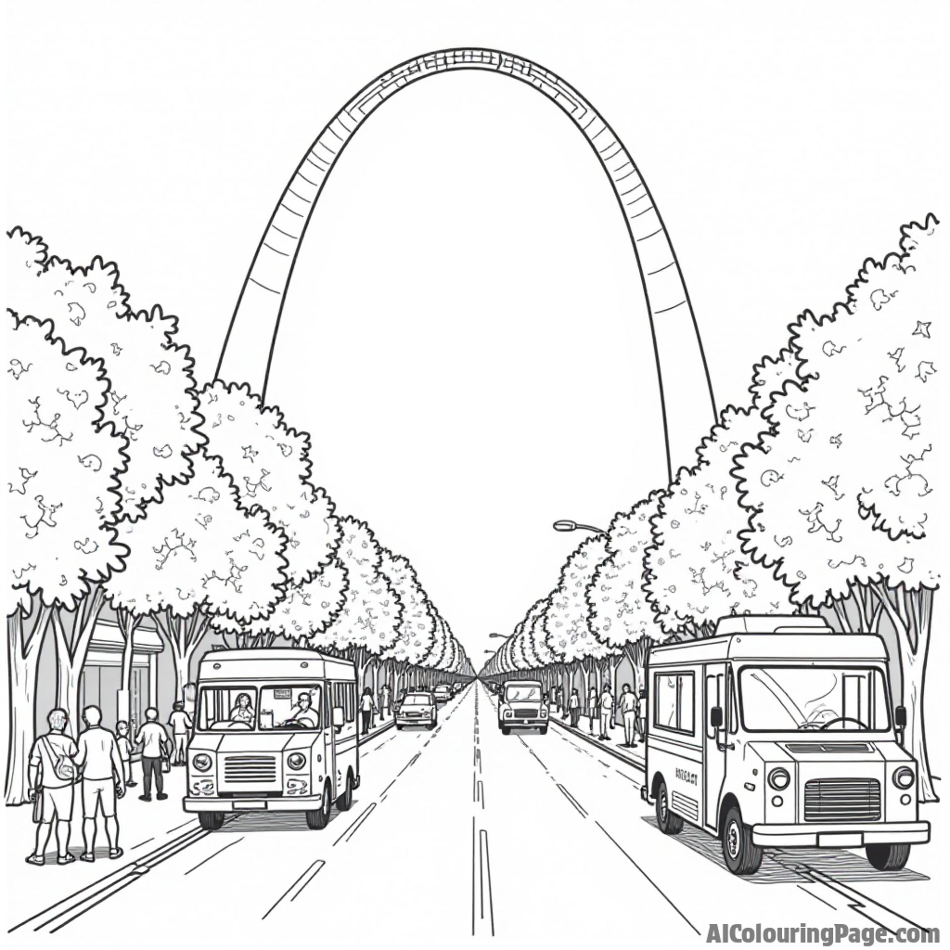 A majestic Gateway Arch overlooking a bustling St. Louis street filled with happy people and food trucks.
