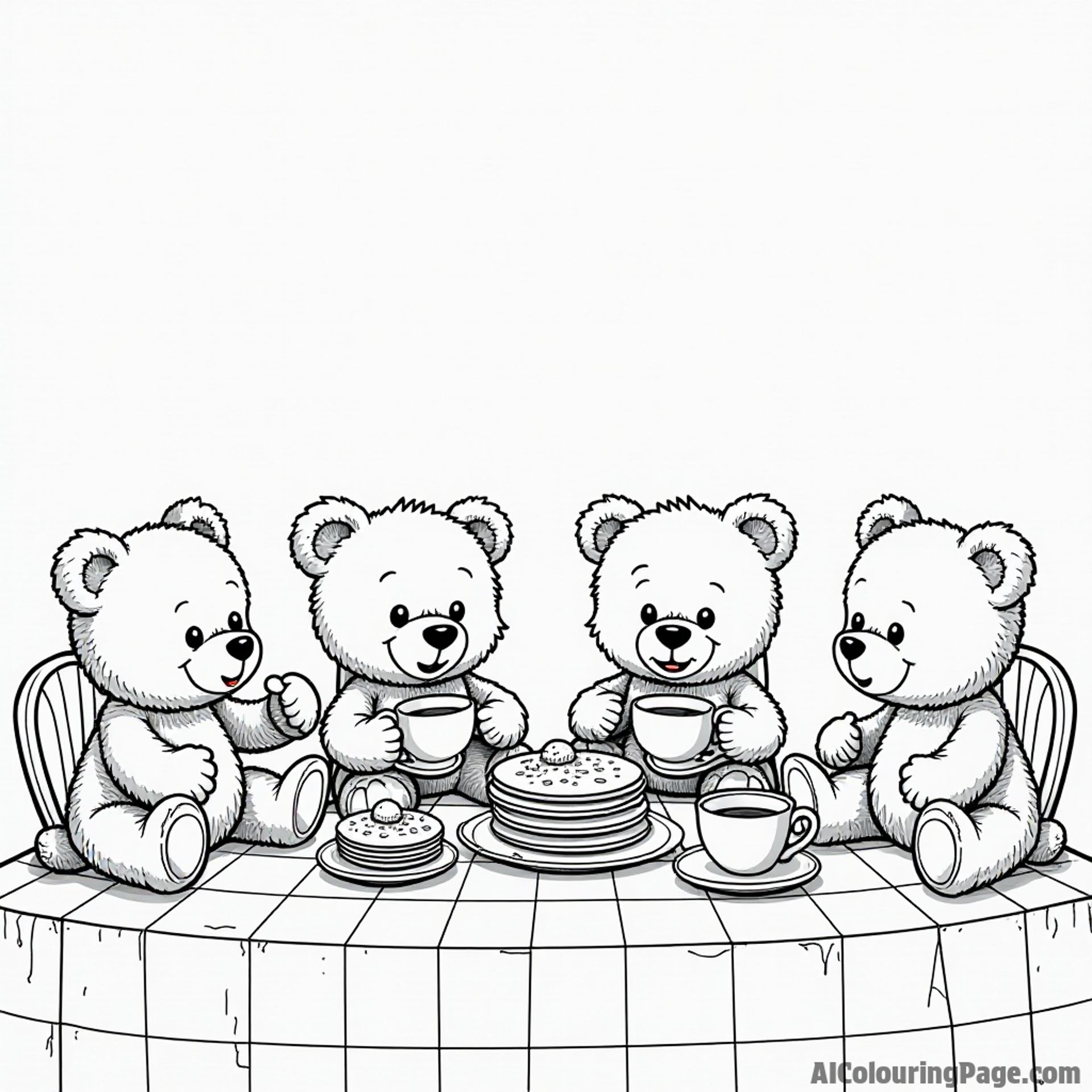 A whimsical tea party with teddy bears enjoying pancakes, tea, and pastries on a checkered tablecloth