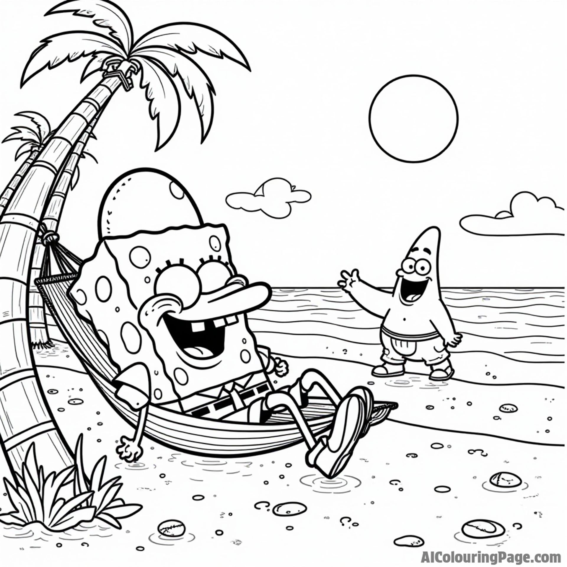 Squidward relaxing in his hammock while SpongeBob and Patrick play frisbee nearby, with palm trees and a beach sunset