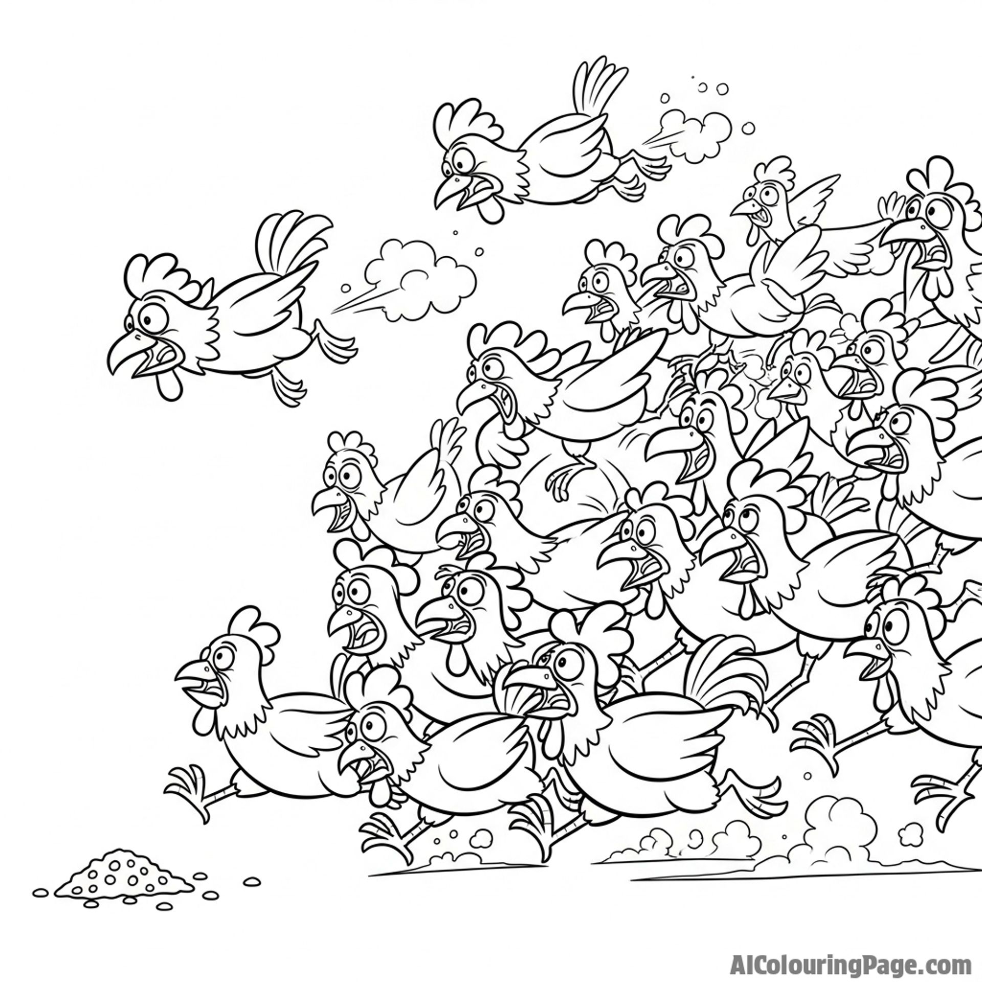 A flock of chickens stampeding towards a scattering of feed.