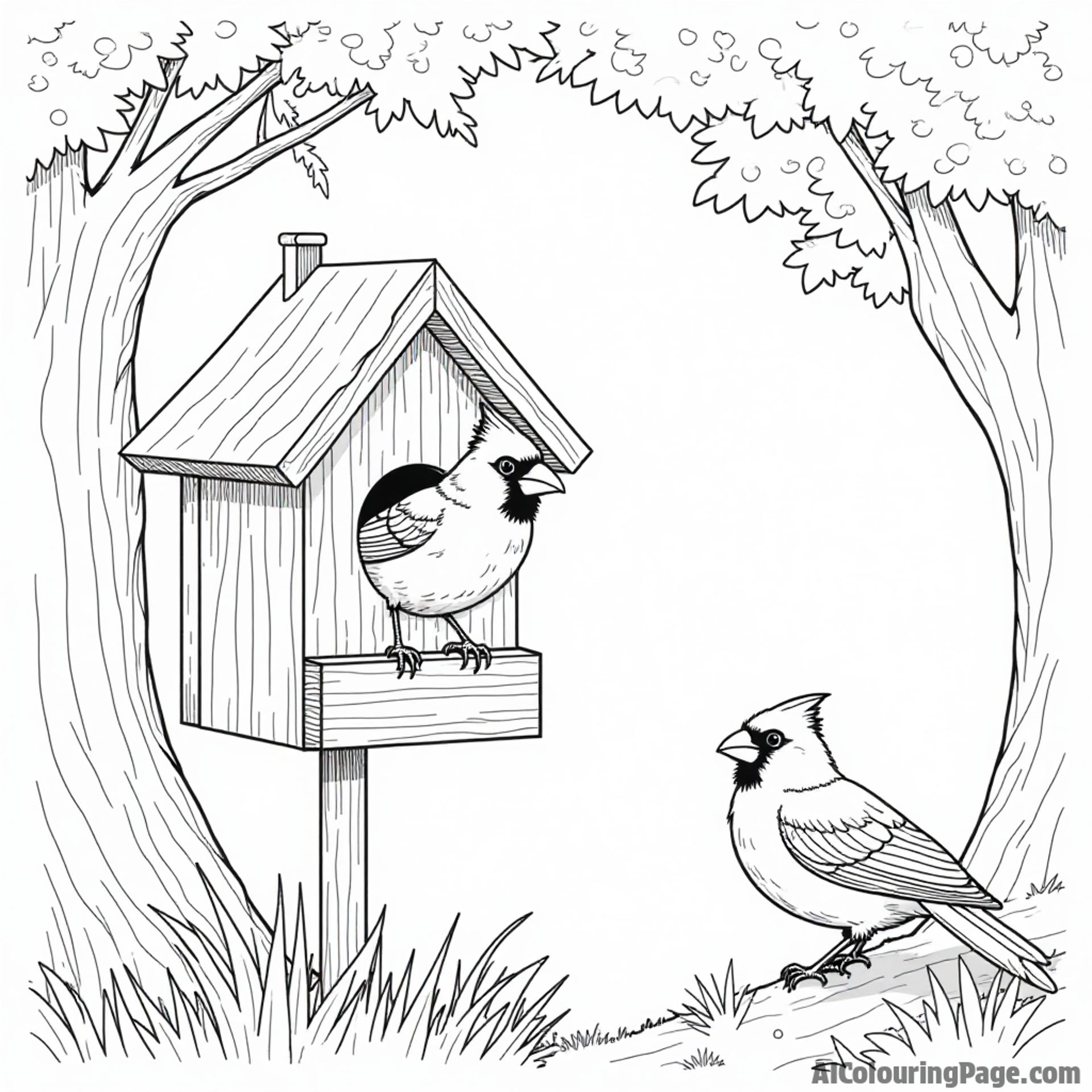 A curious cardinal peeking into a birdhouse, with trees and other birds watching from nearby for an engaging coloring scene.