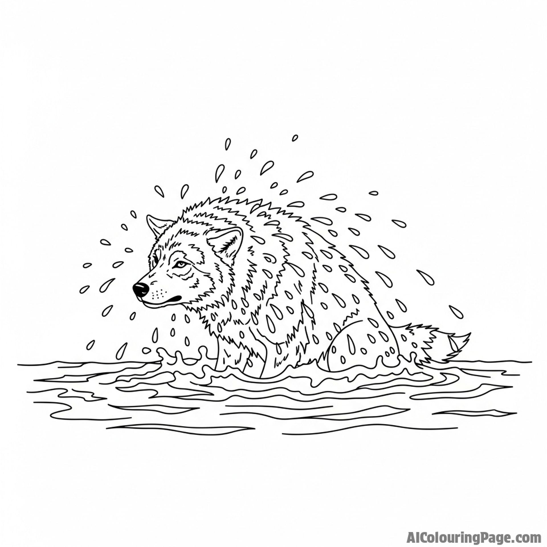 A wolf shaking water from its fur after crossing a rushing river, droplets frozen in mid-air.