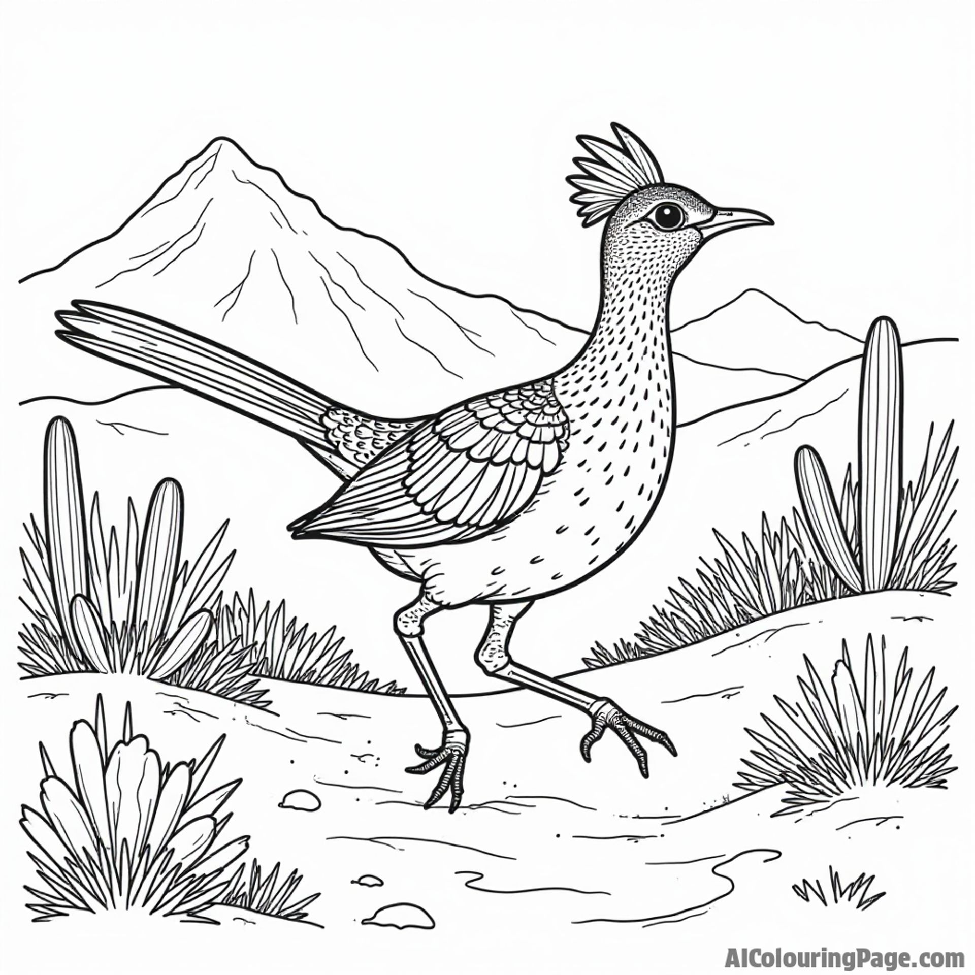 A majestic roadrunner bird running across a sandy path, surrounded by prickly pear cacti and mountains in the background.