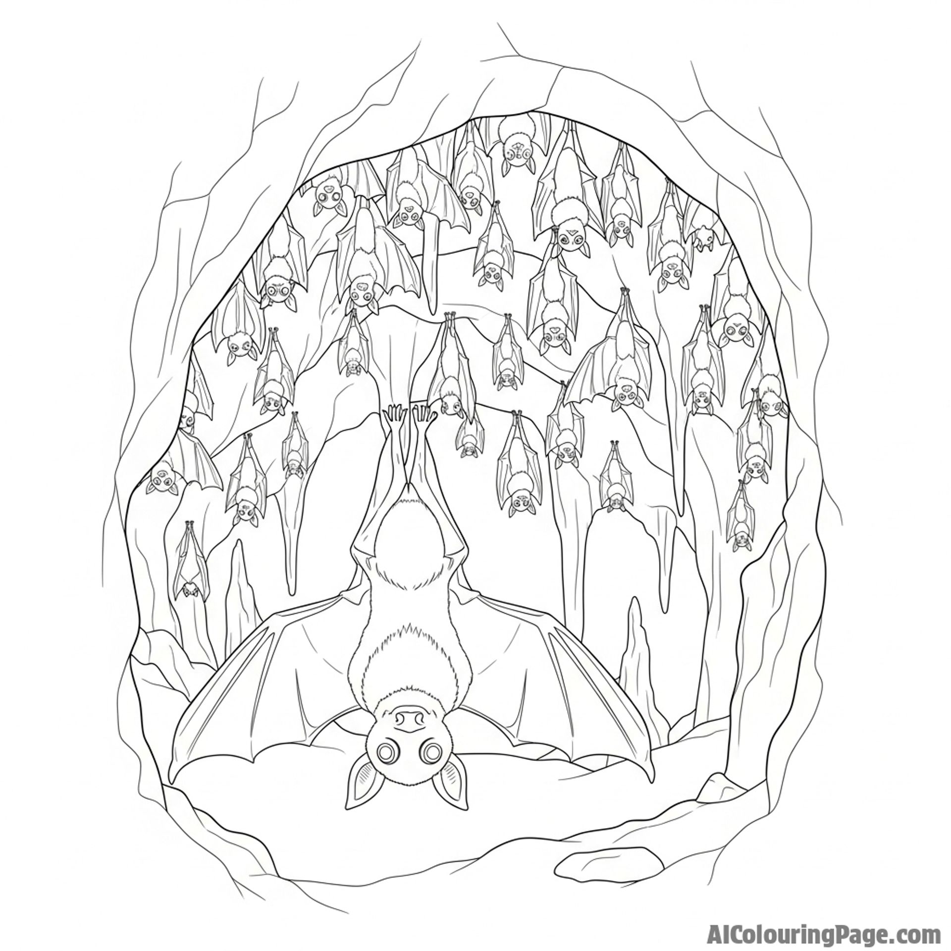 A bat hanging upside down in a cavern, surrounded by thousands of others