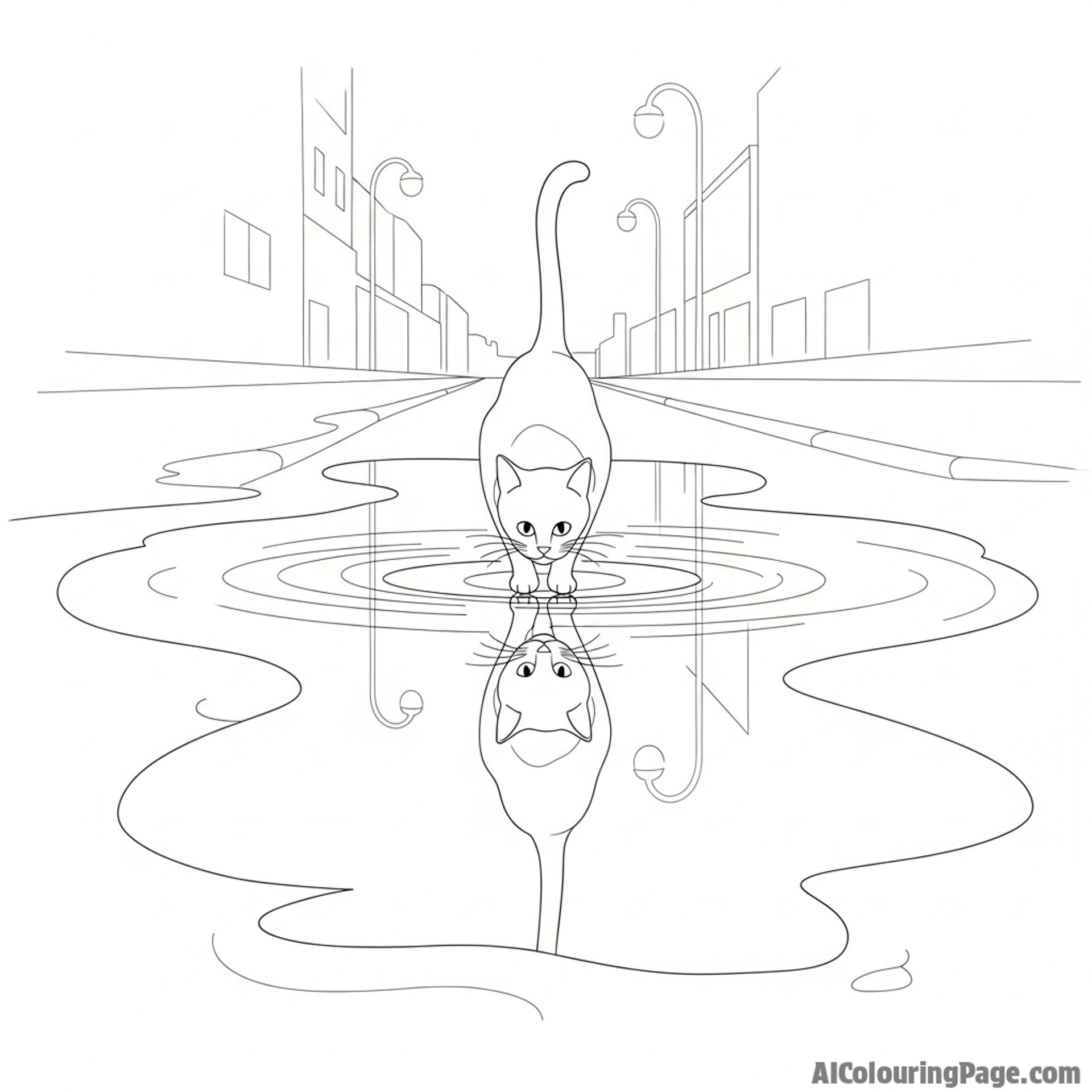 A cat's reflection in a puddle on a rain-slicked city street at night.