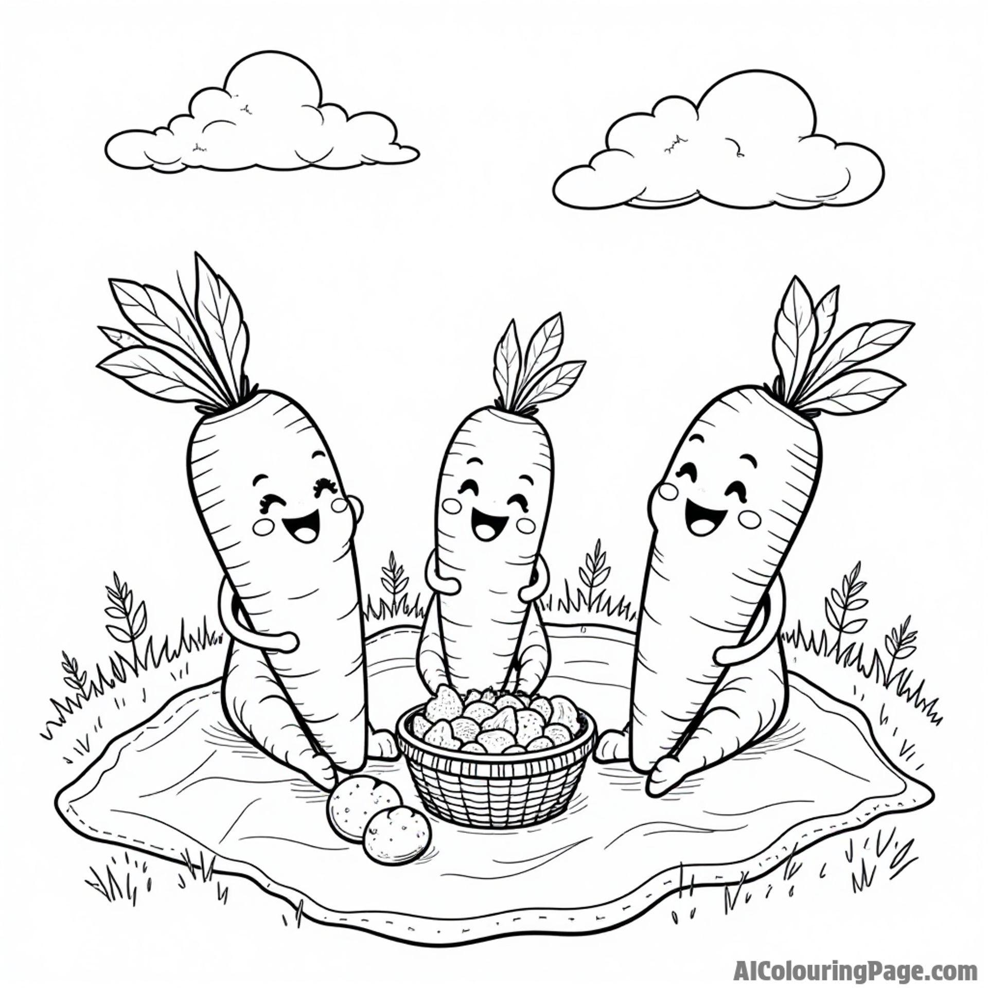 A cheerful family of carrots having a picnic on a sunny day, with a picnic blanket, basket, and delicious treats displayed.