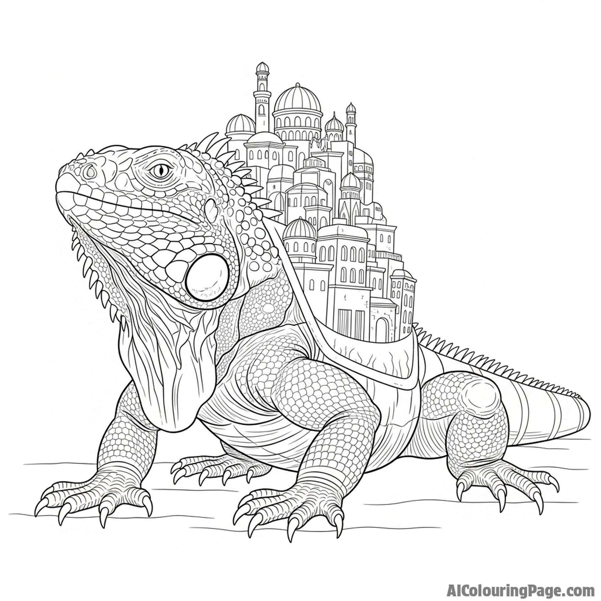 A fantasy scene of a giant iguana carrying a small, ancient city on its back.