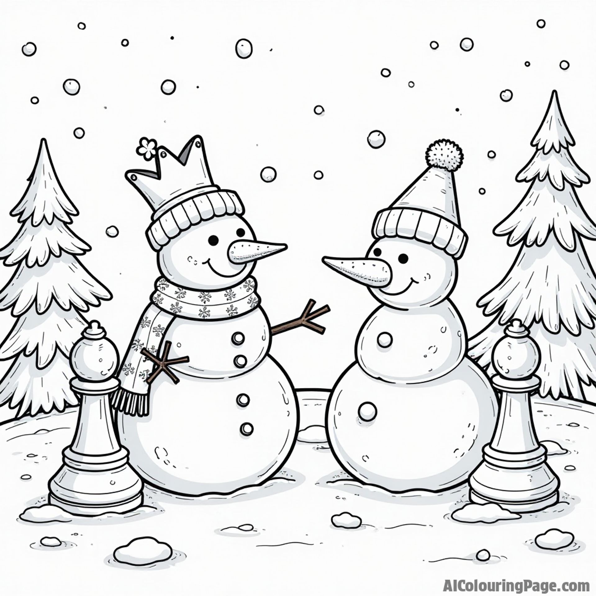 A cozy winter scene with chess pieces made of snow, including a snowman king and a snowflake queen, inviting children to color their own magical winter wonderland adventure.