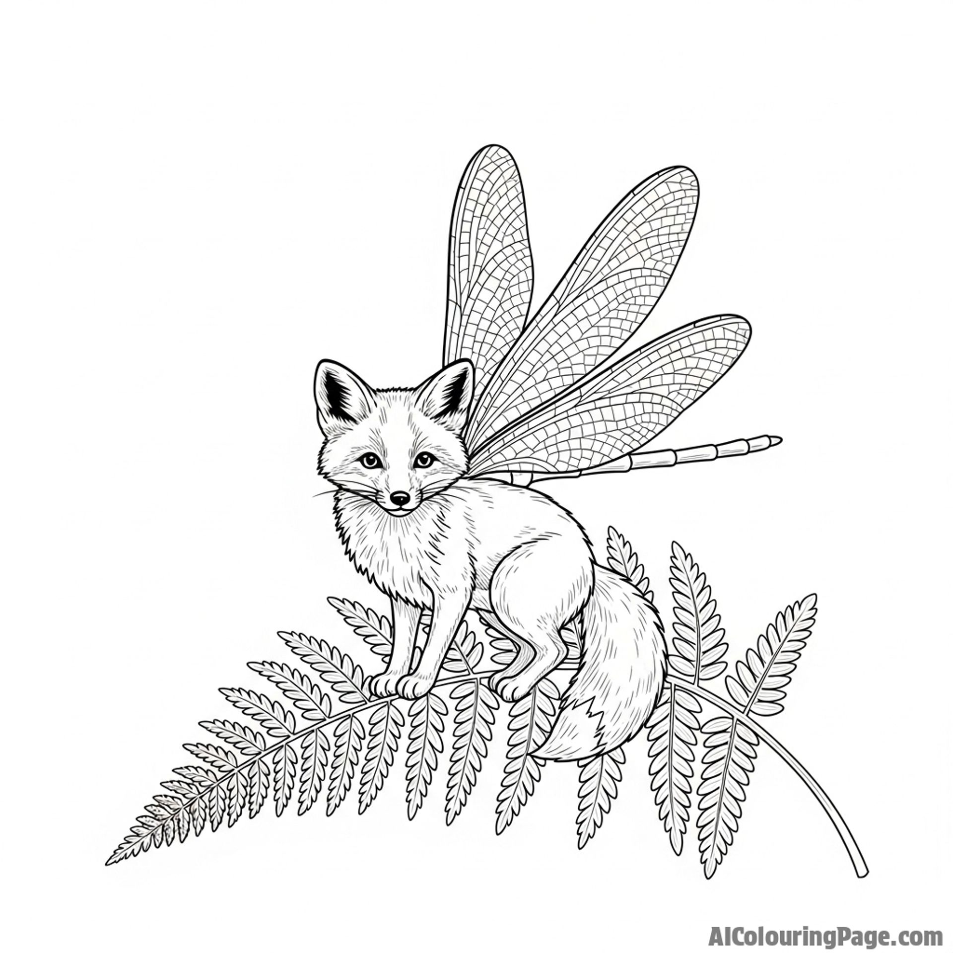A tiny fox with delicate, translucent dragonfly wings perched on a fern.