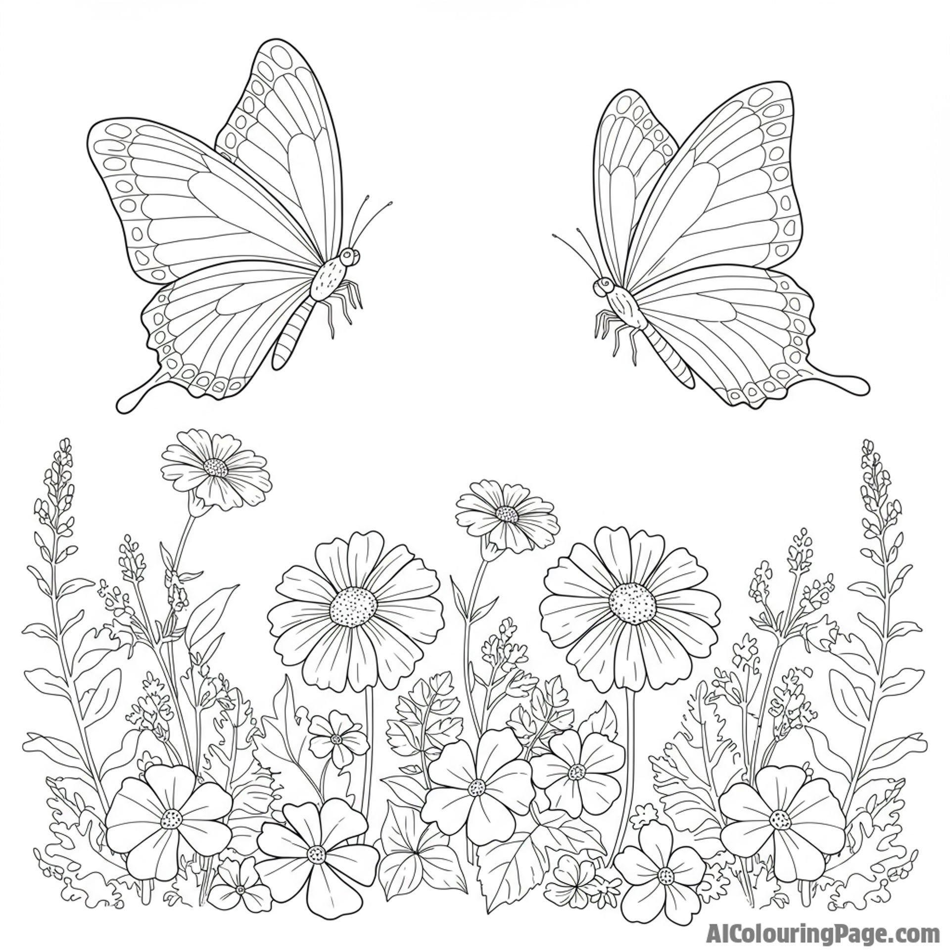 Two butterflies fluttering around a blooming garden.
