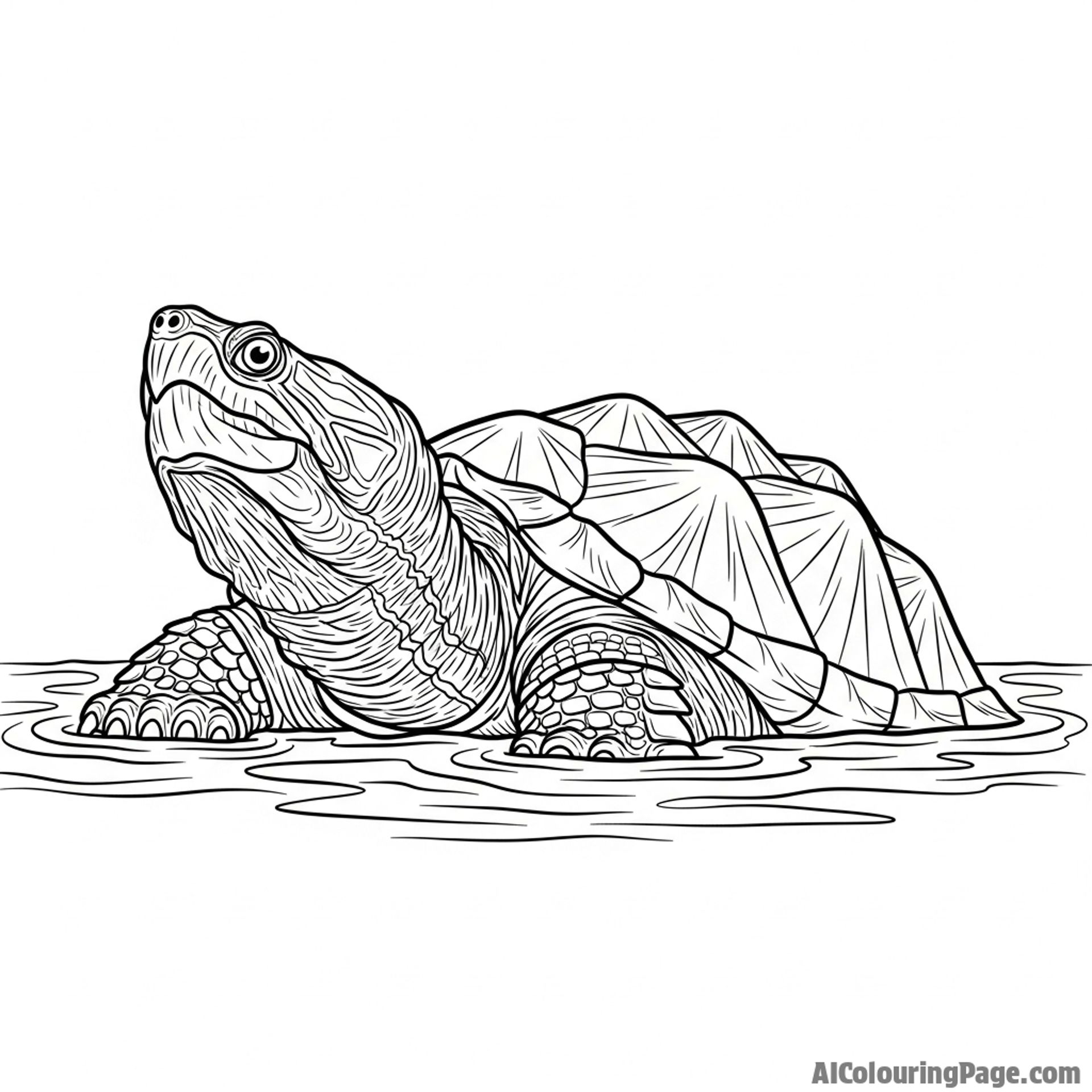 A powerful snapping turtle emerging from murky swamp water.
