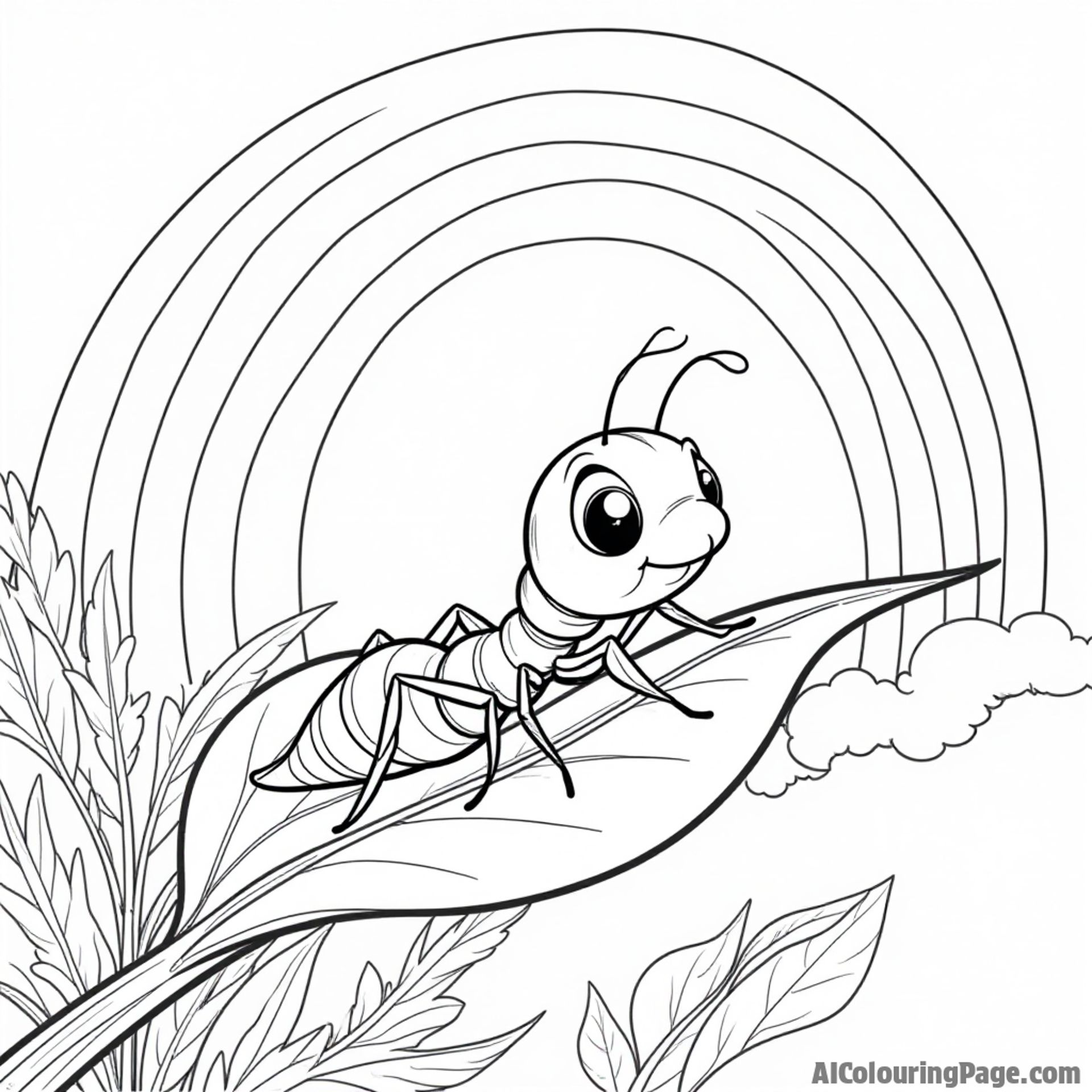 A playful ant sliding down a leaf with a rainbow in the background, perfect for cheerful and colorful pages.