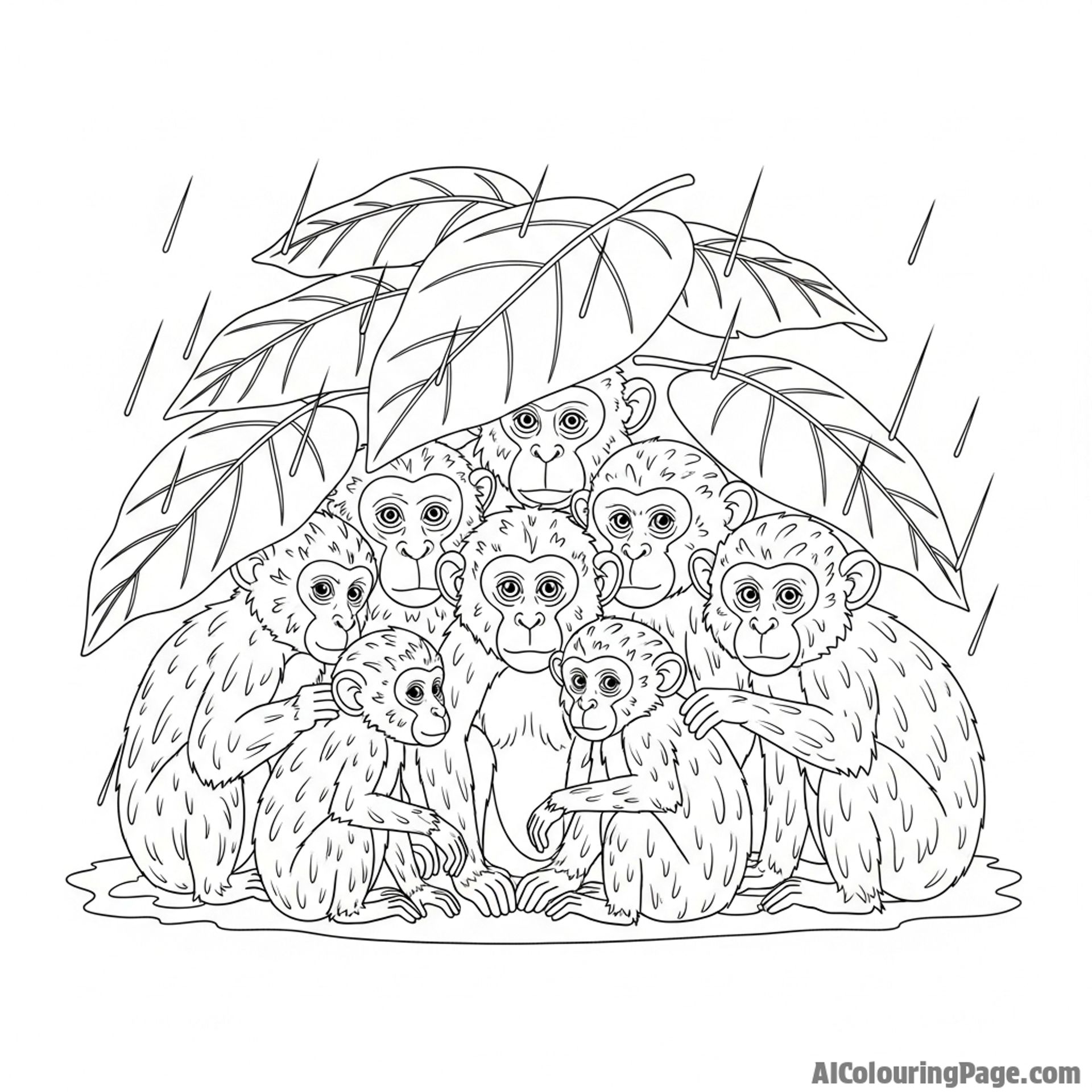 A group of monkeys huddled together for warmth during a rainstorm.