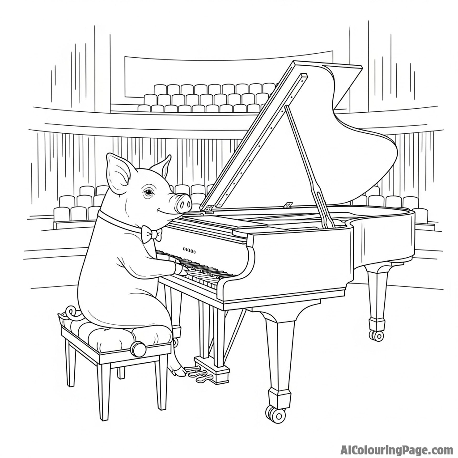A sophisticated pig playing a grand piano in a concert hall.