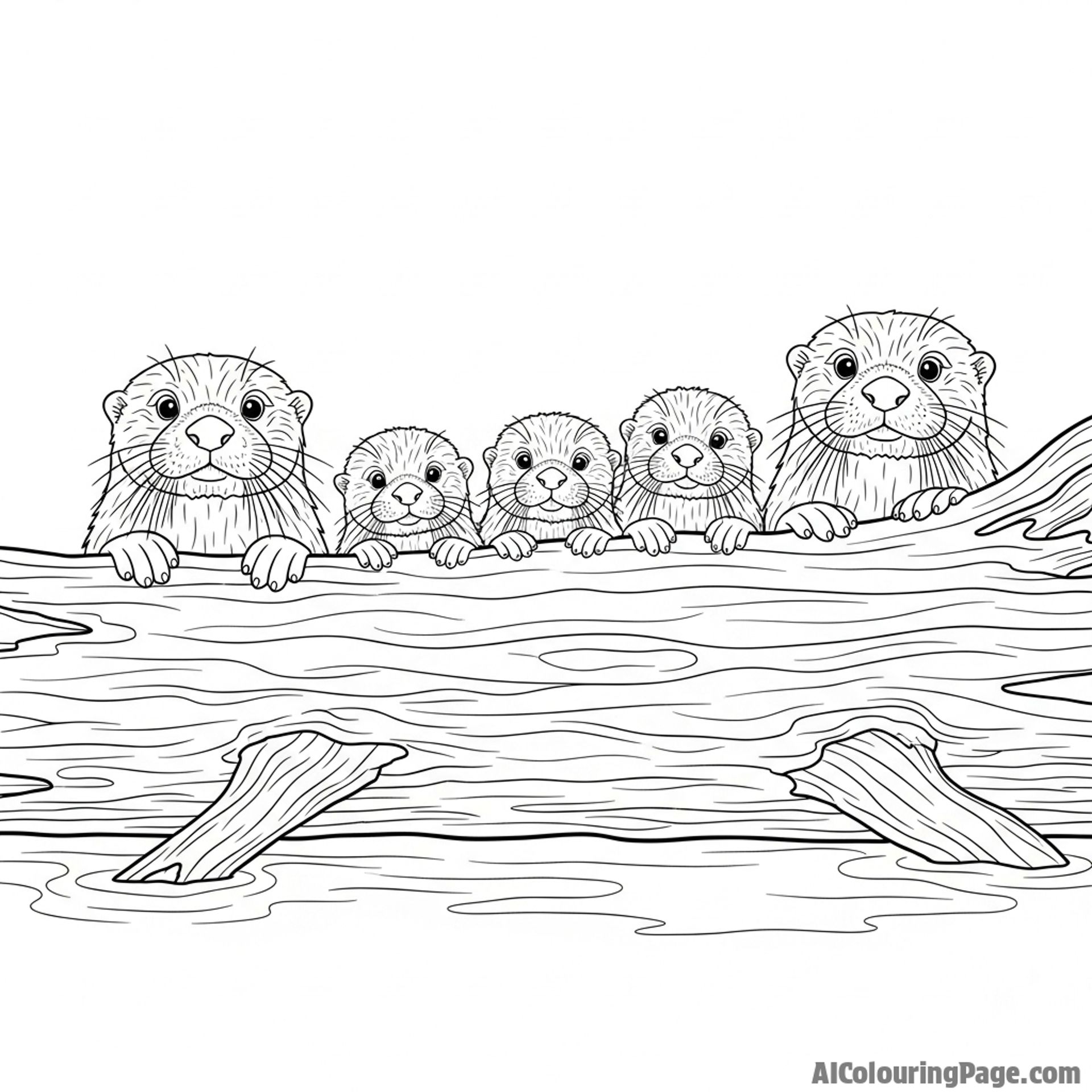 A family of river otters peering curiously from a fallen log.