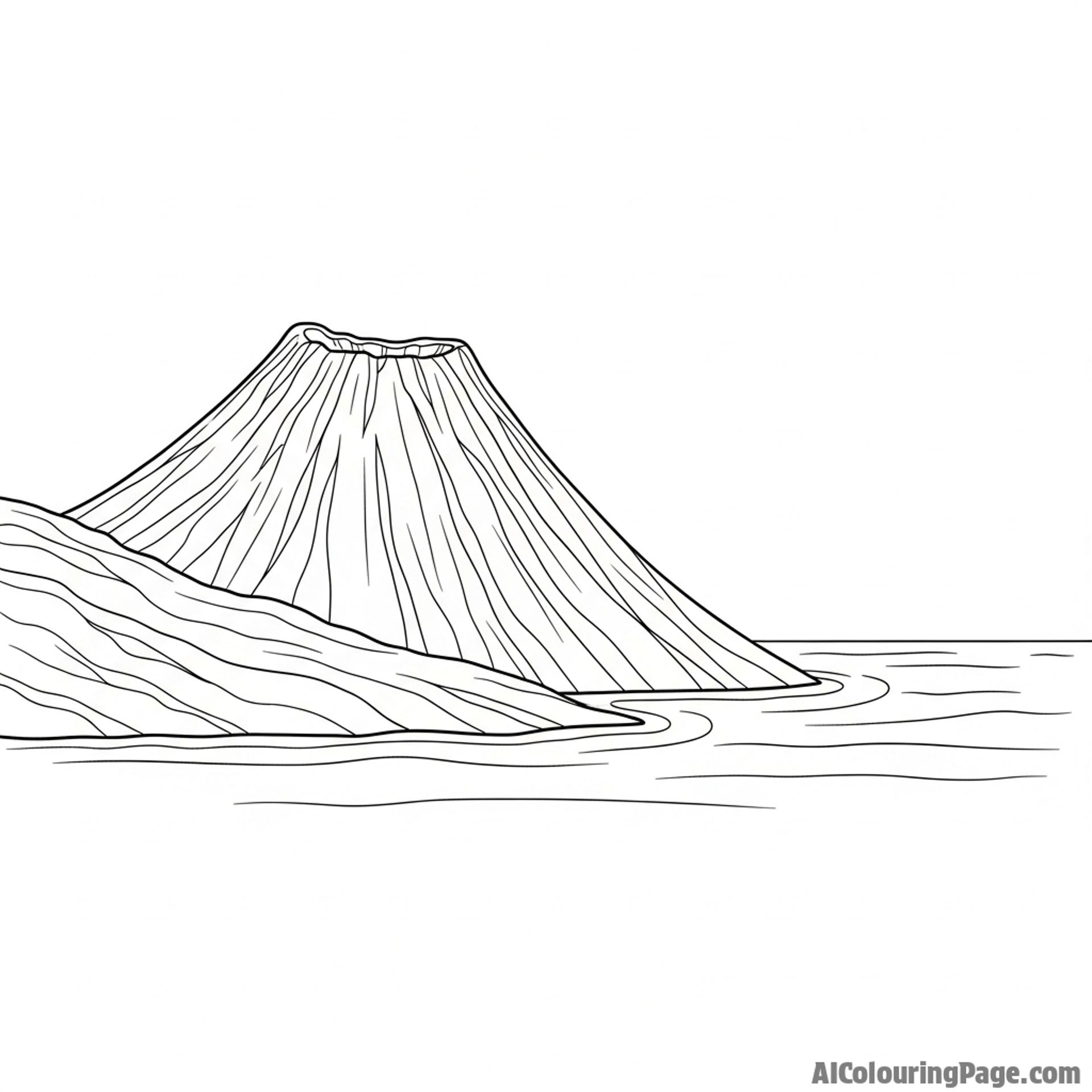 A shield volcano gently sloping to the sea.