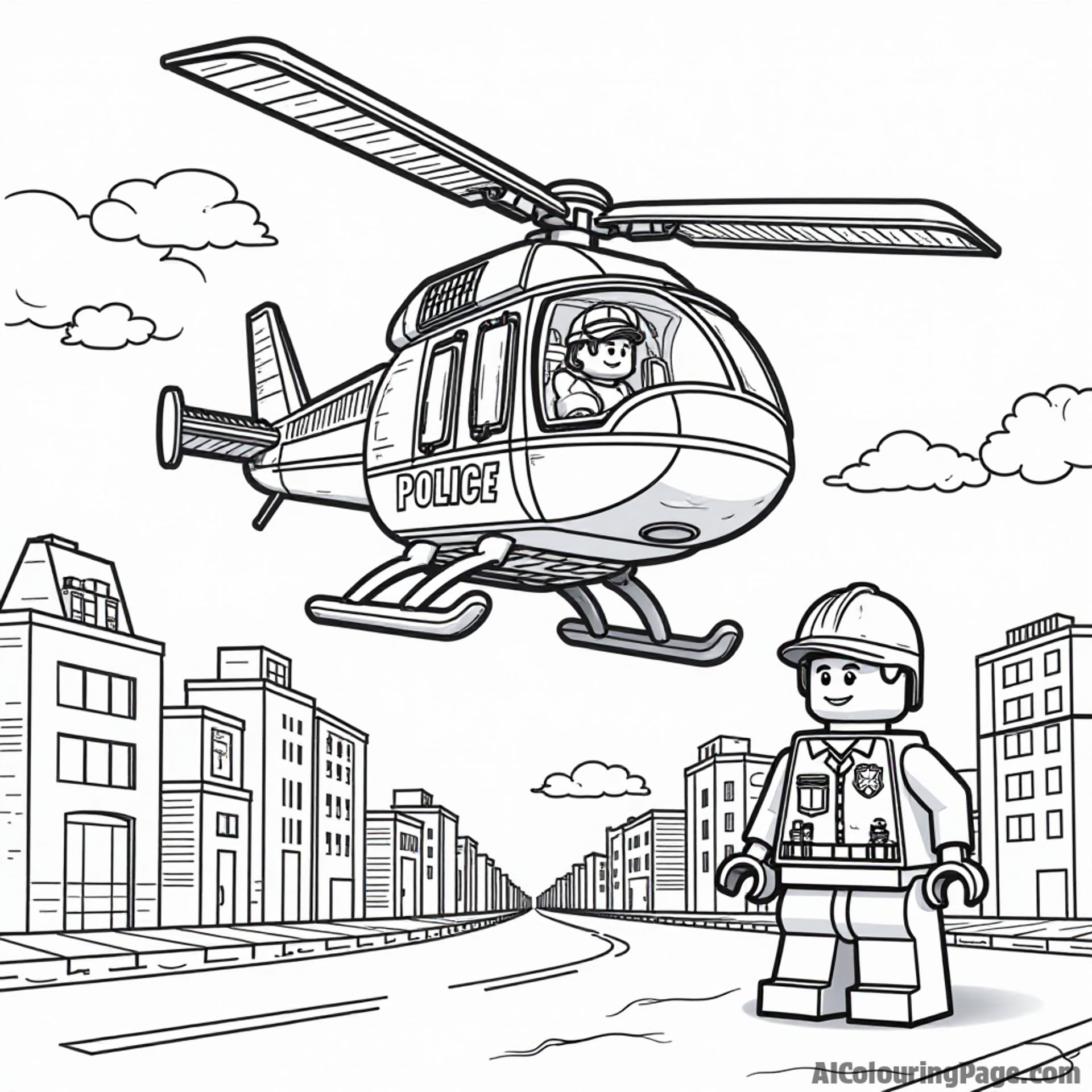 A Lego police helicopter flying above a Lego cityscape, with a Lego officer looking out, perfect for imaginative coloring adventures for children.