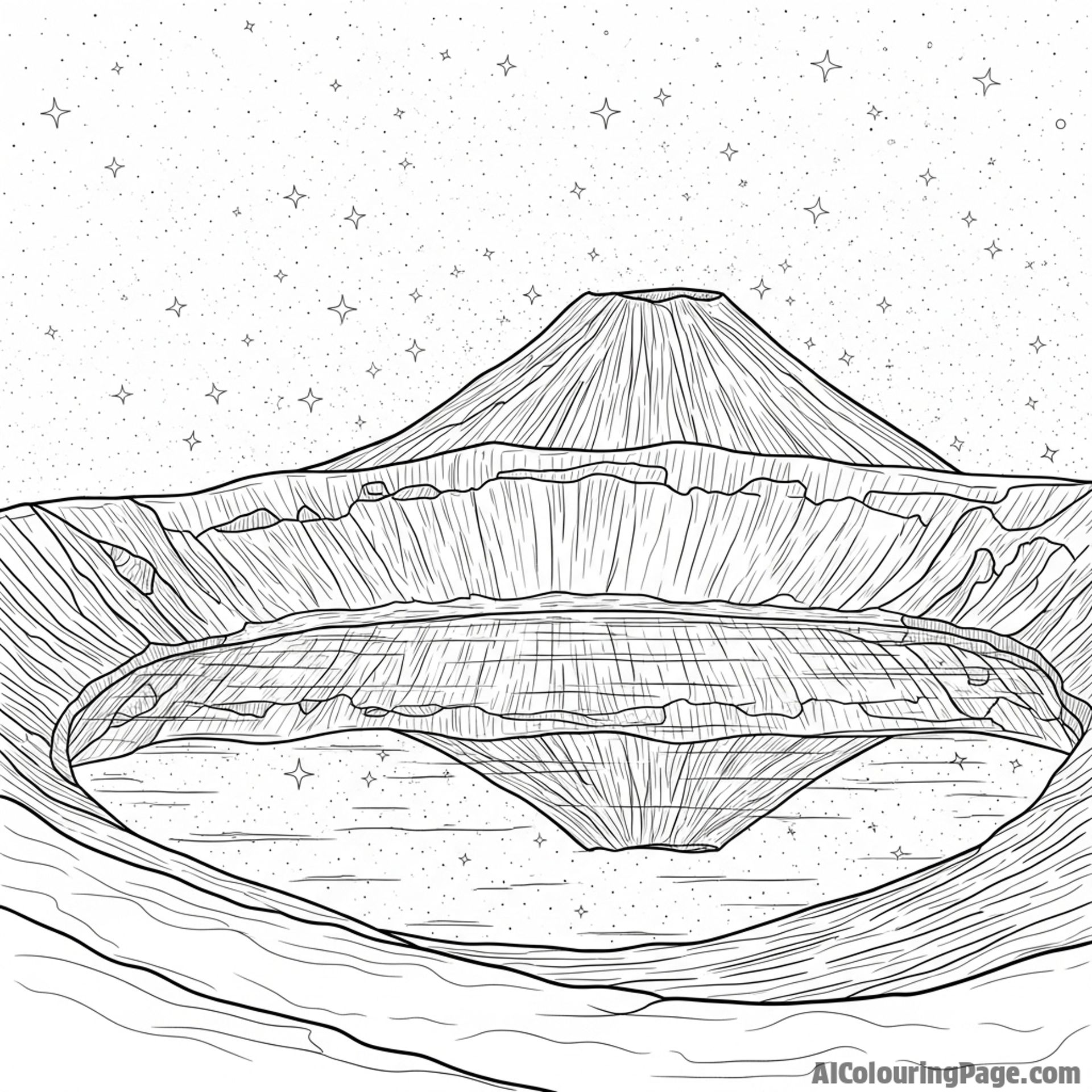 A volcanic crater lake reflecting the night sky.