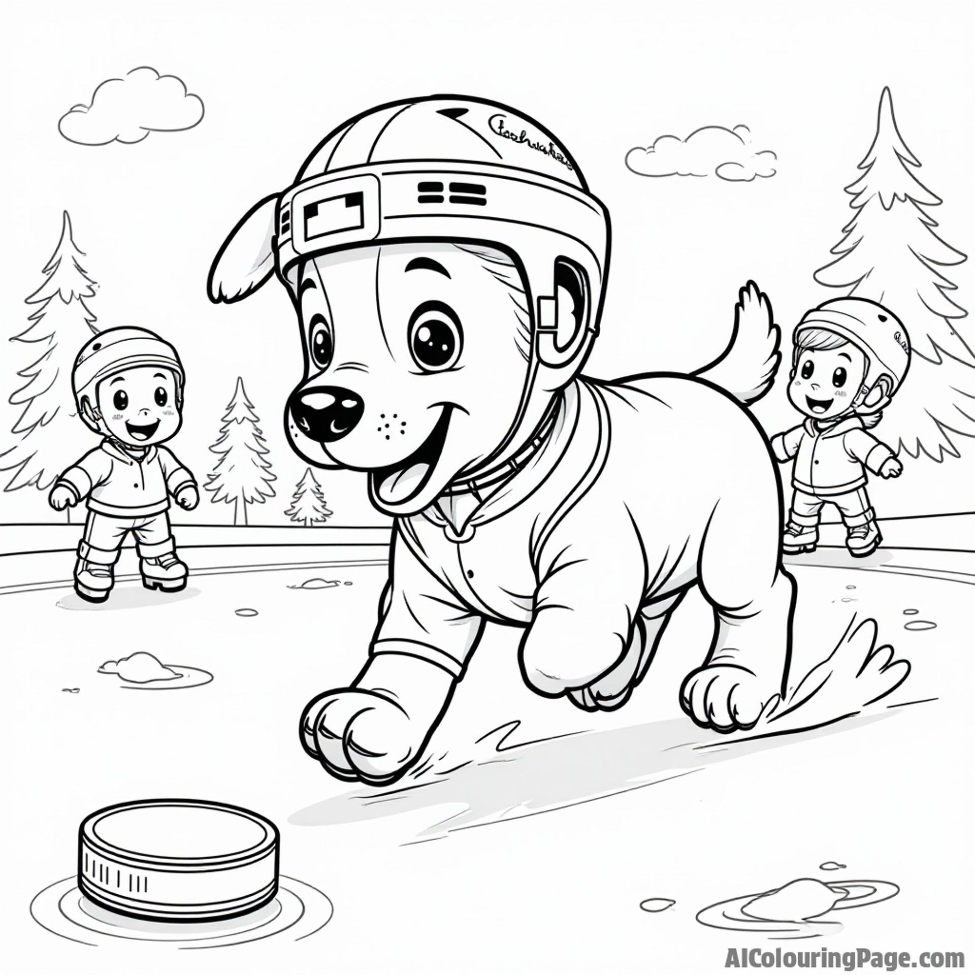 A playful dog wearing a hockey jersey and helmet, chasing a puck on the ice, with a snowy backdrop and kids laughing nearby.