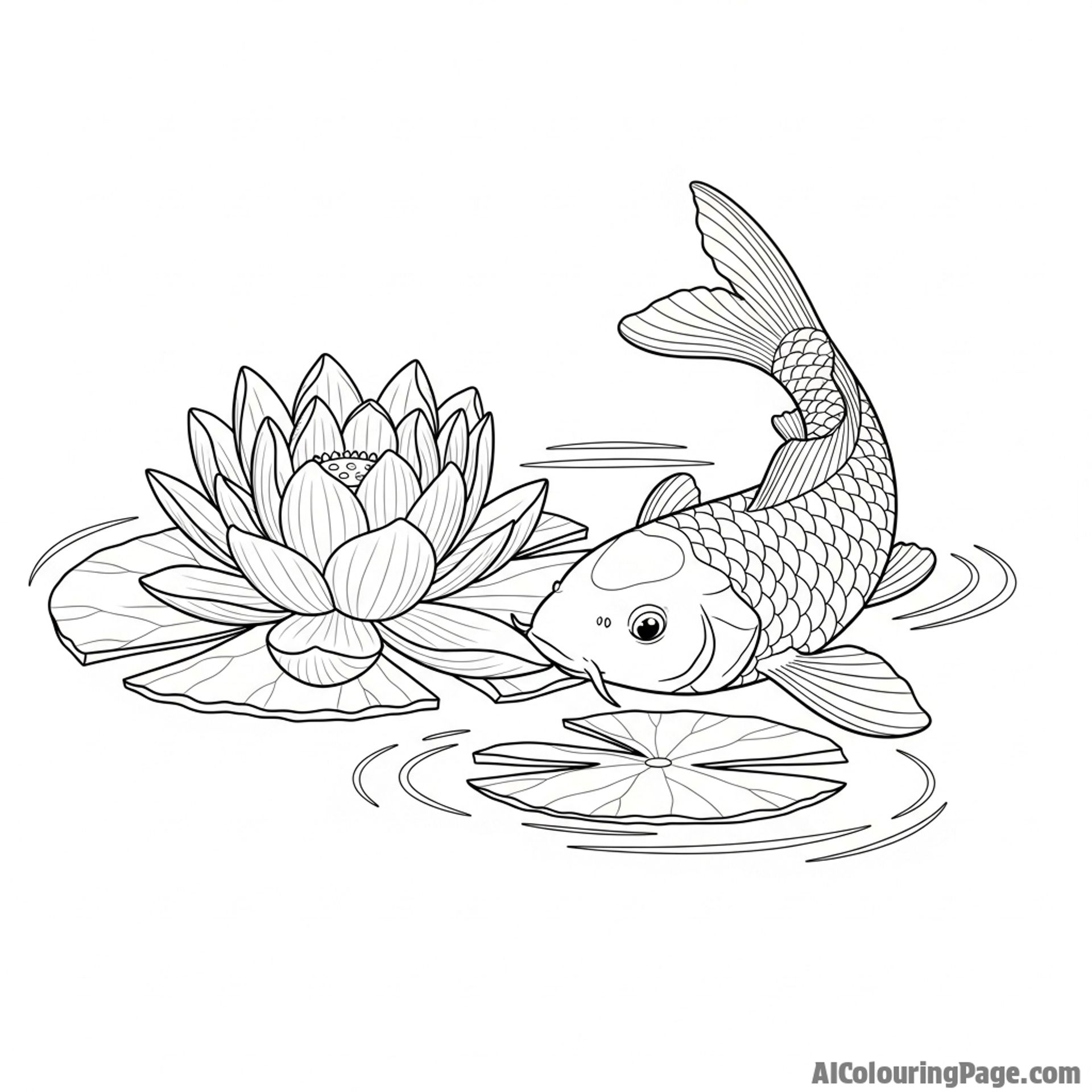 A gentle moment as a koi nudges a floating lotus blossom with its snout.