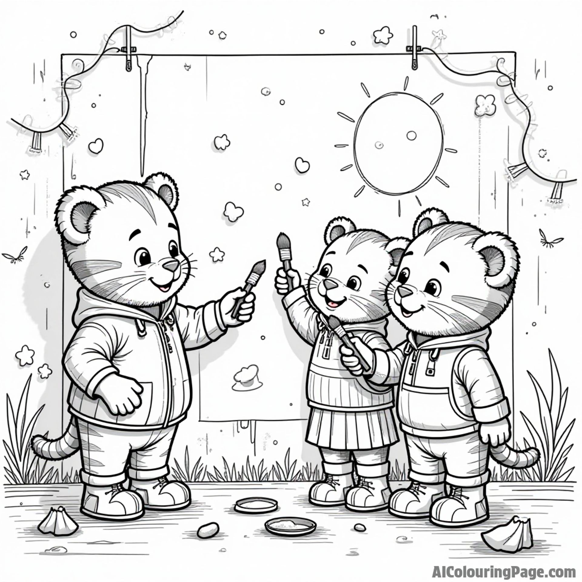 Daniel Tiger and his friends painting a big mural on a wall using colorful brushes and paints, expressing their creativity.