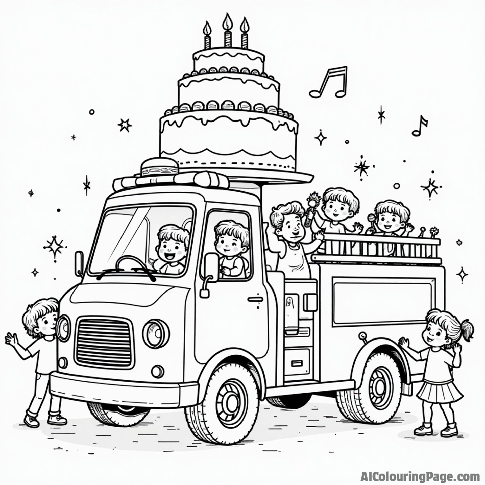 A fire truck with a giant birthday cake on top, surrounded by children playing music and dancing, designed to spark joy in a black and white coloring page.