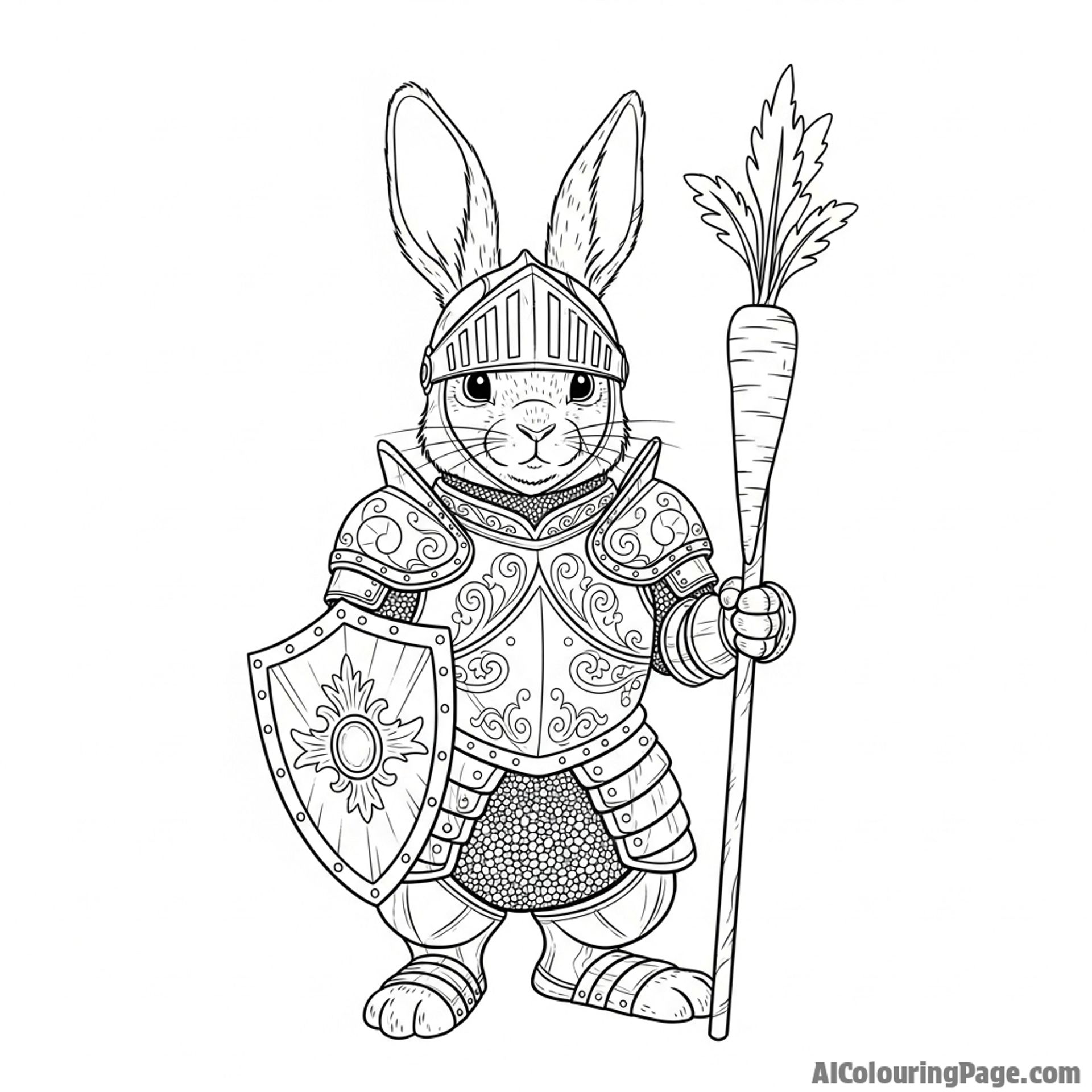 A brave bunny knight in shining, ornate armor, holding a small shield and a carrot lance.