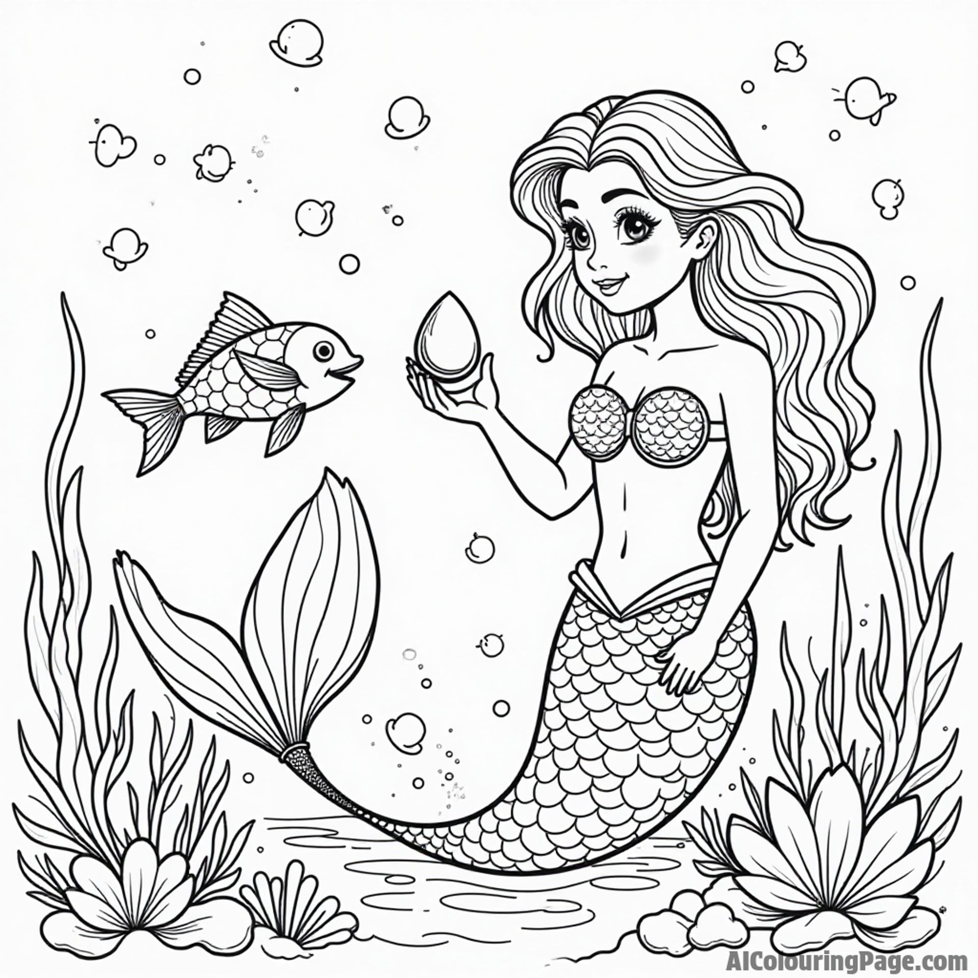 A young mermaid discovering a magical pearl, with friendly fish guiding her through a colorful underwater landscape.