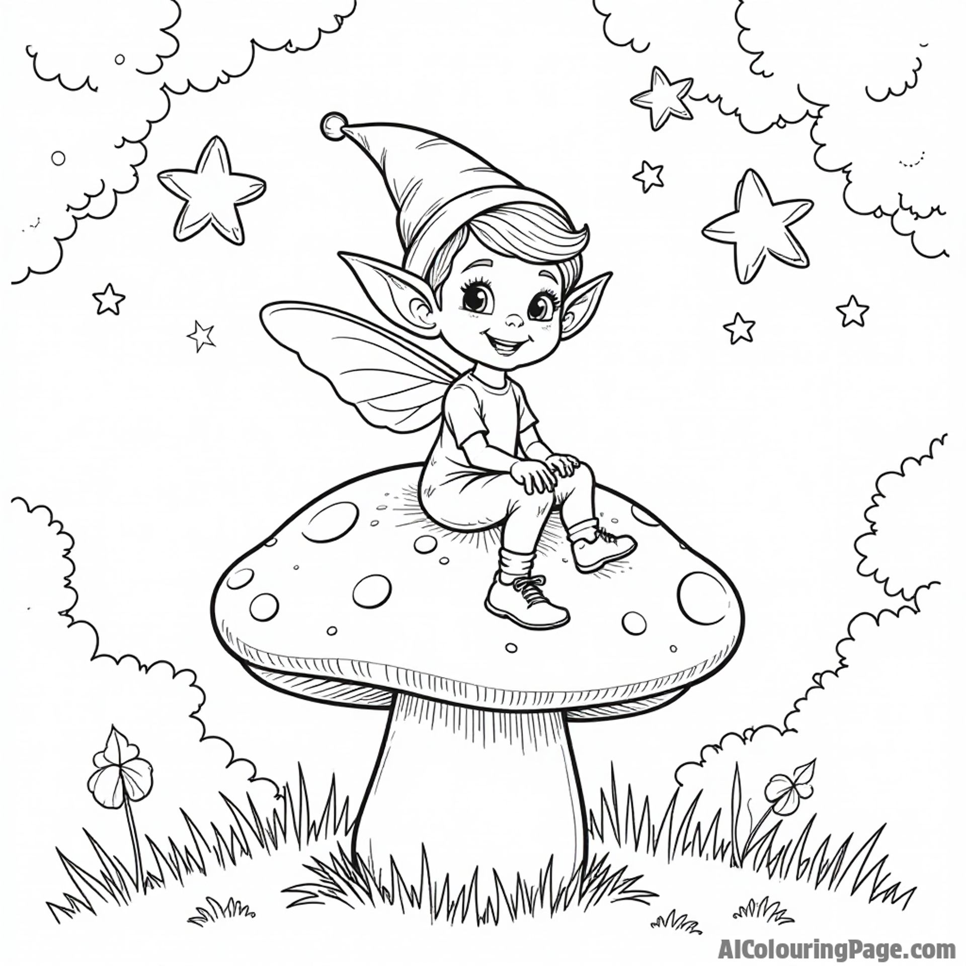 A cheerful elf riding a giant mushroom under twinkling stars, surrounded by playful fireflies, with a whimsical forest backdrop, perfect for children to color in black and white fantasy scenes.
