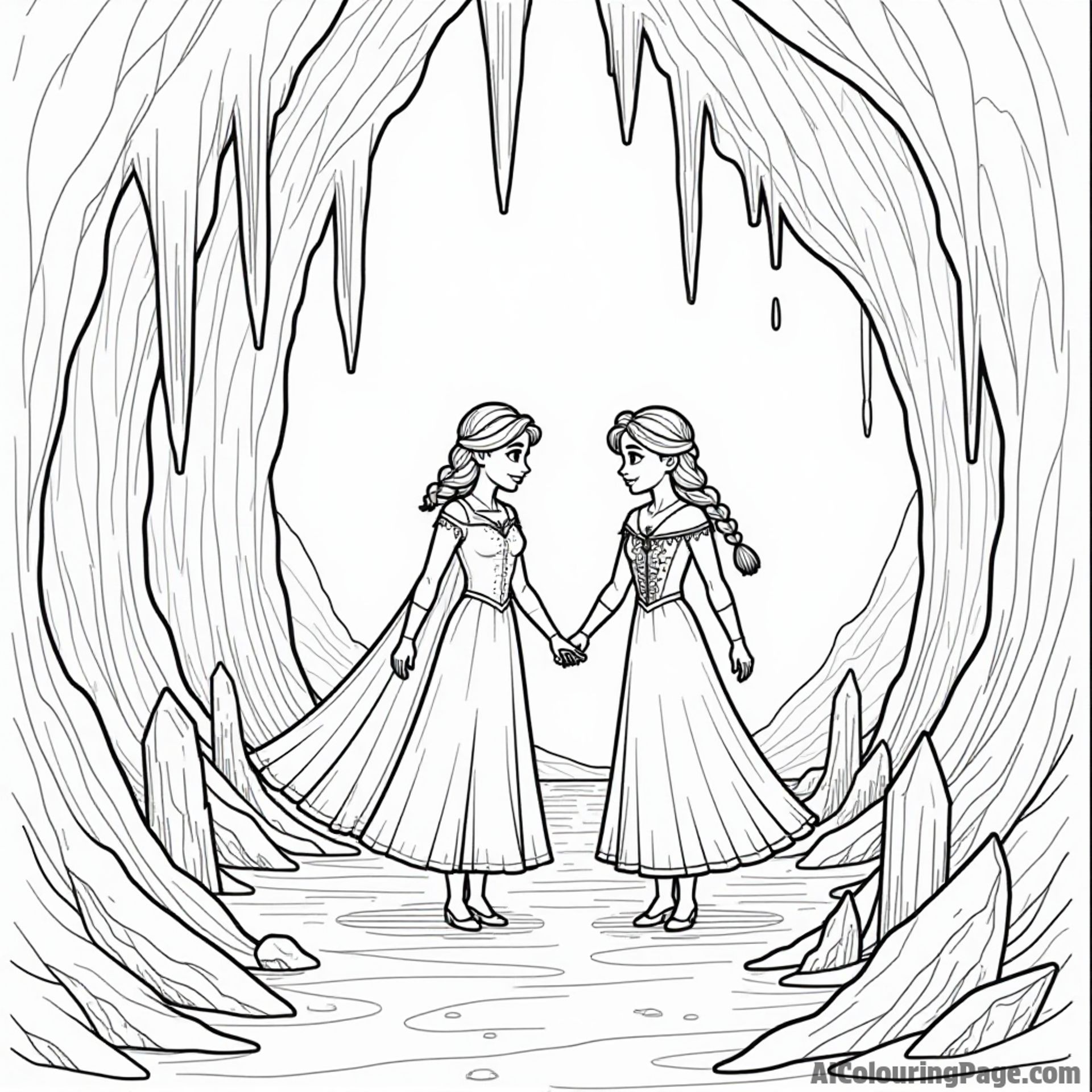 Elsa and Anna exploring an icy cave filled with crystals