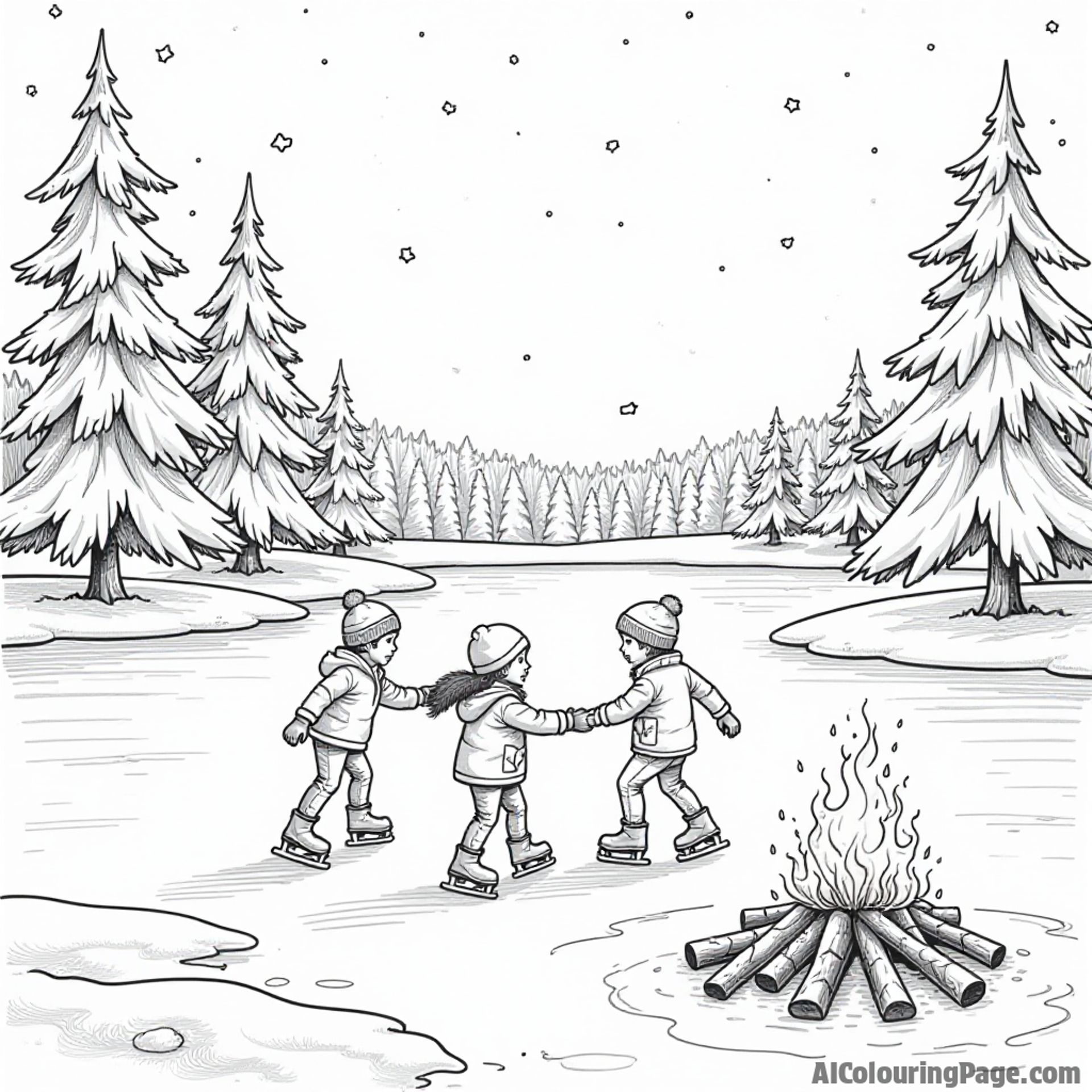 A charming Minnesota winter scene with kids ice skating on a frozen lake, snow-covered trees, and a cozy bonfire.