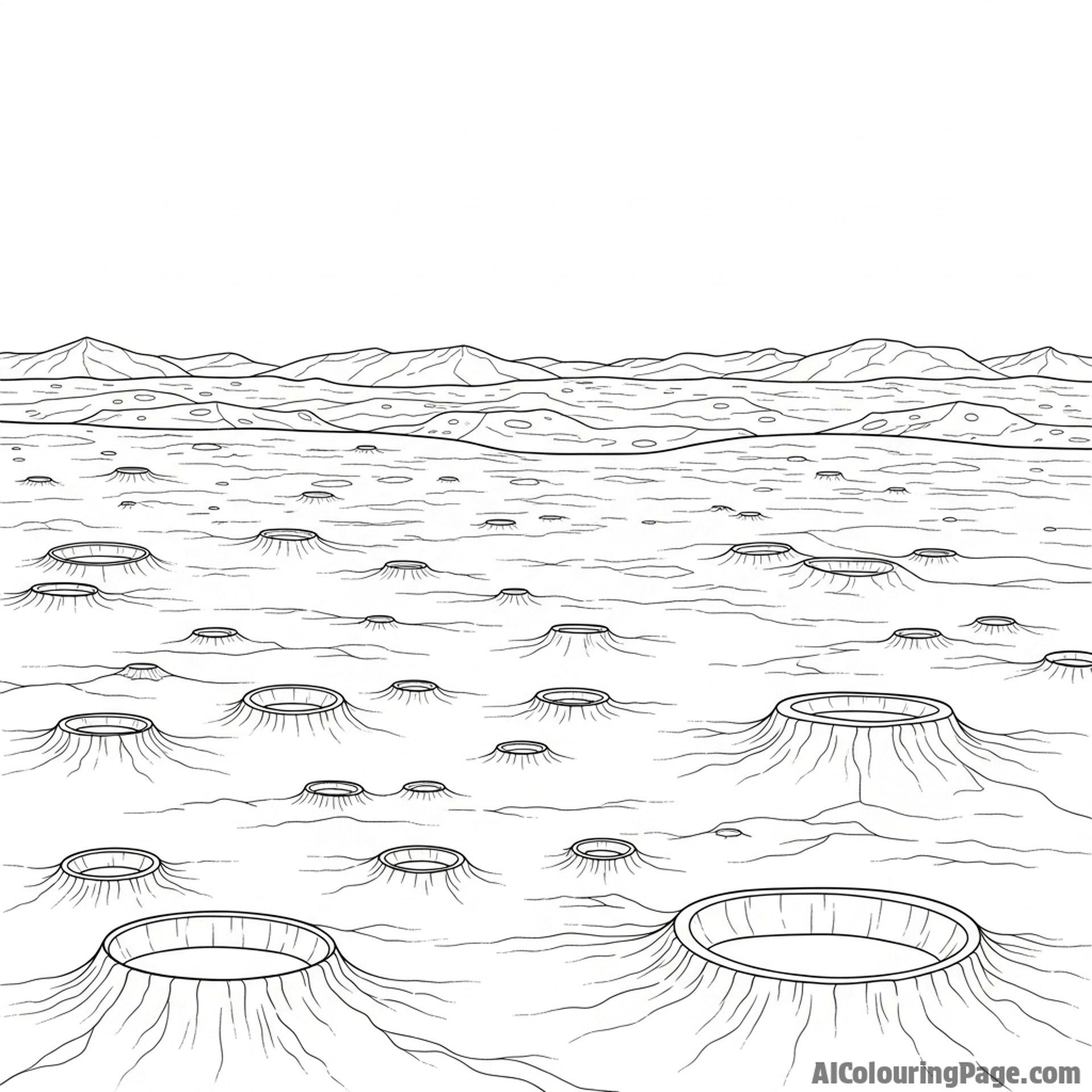 Desert moonscape, cratered terrain, alien beauty.