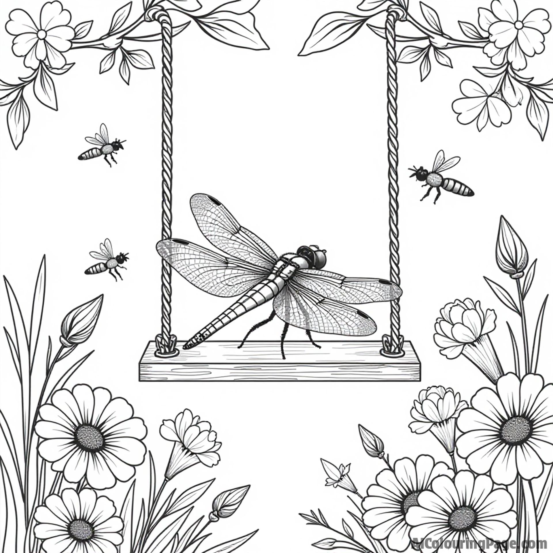 A dragonfly resting on a swing in a beautiful garden filled with colorful flowers and buzzing bees nearby.
