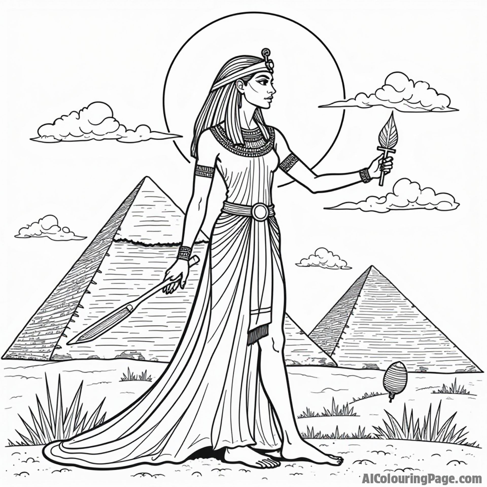 An Egyptian goddess, like Isis, surrounded by symbols of life and protection, such as ankh and scarab, set against a backdrop of pyramids, providing educational and fun coloring opportunities.