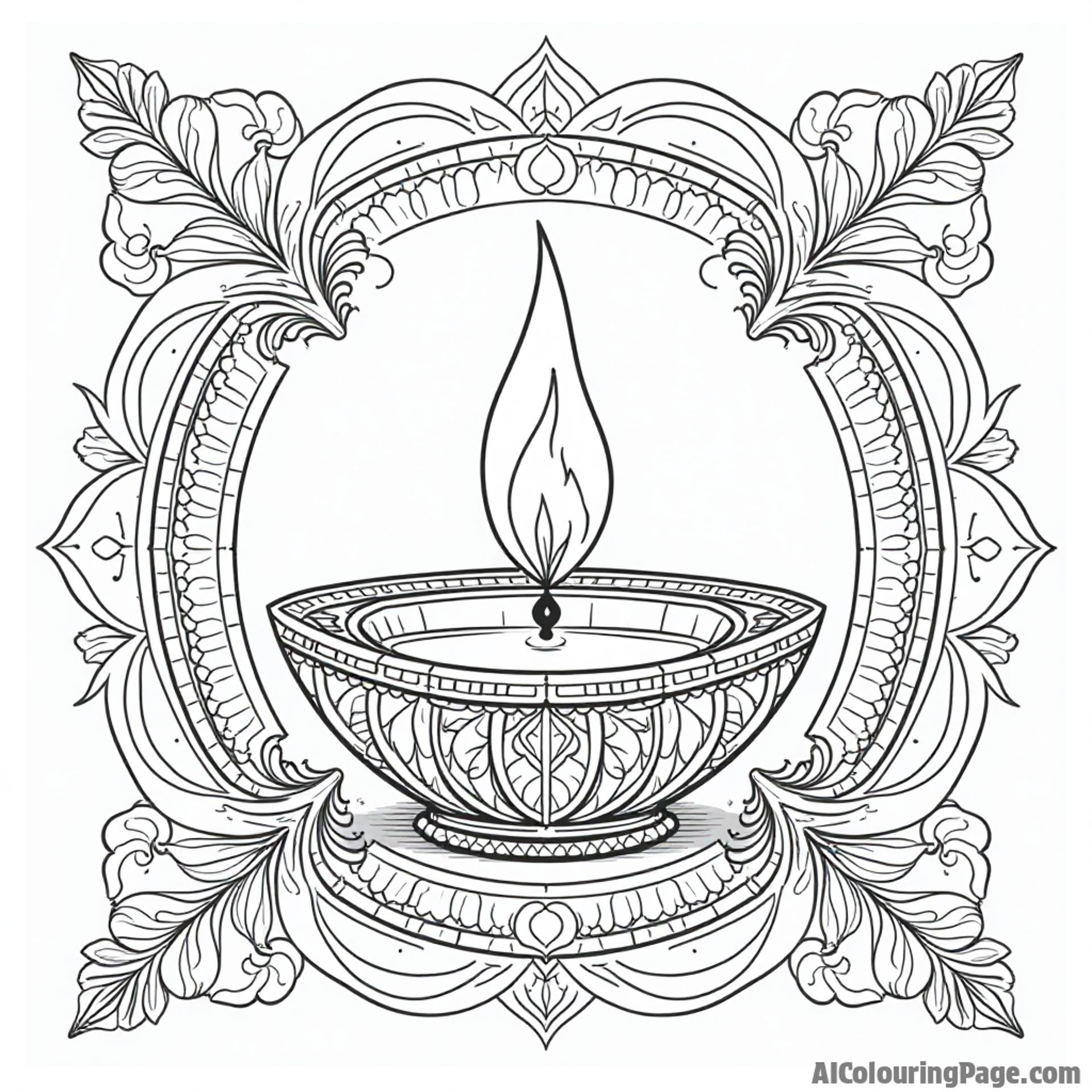 A traditional diya with intricate designs, surrounded by beautiful floral patterns and elegant motifs, representing the light and hope of Diwali celebrations, for a delightful coloring experience in Festivals and Traditions Coloring Sheets.