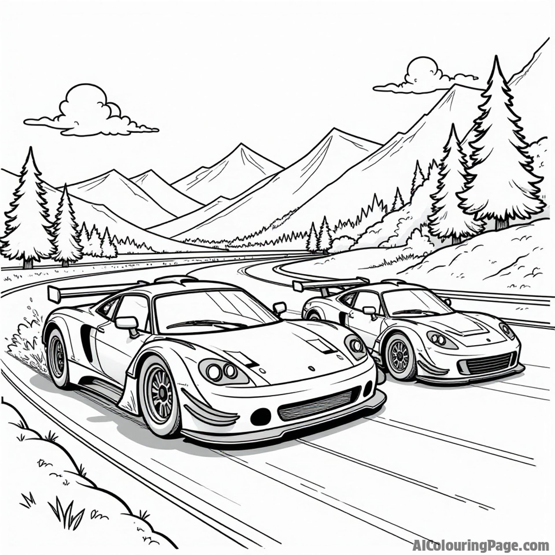 An action-packed scene of two race cars competing on a winding track, with trees and mountains in the background, perfect for kids who love high-speed adventures.