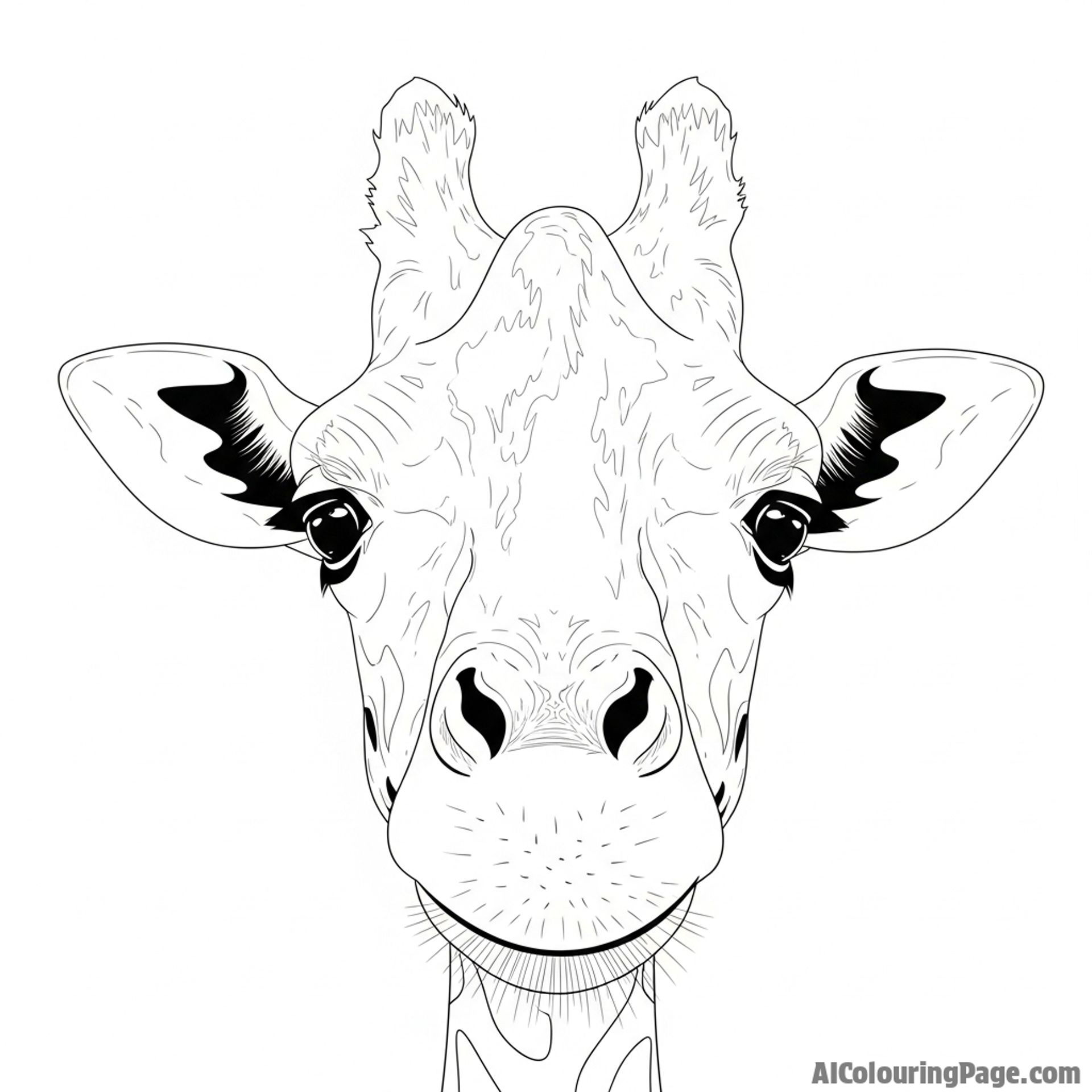 An extreme close-up of a giraffe looking curiously directly into the camera.