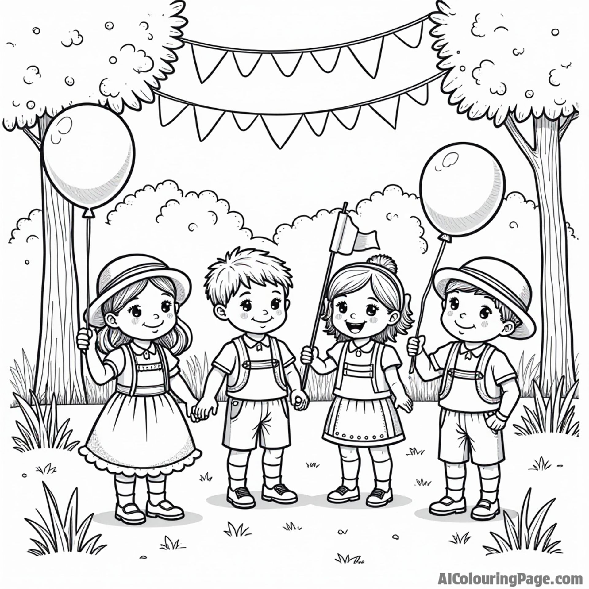 A fun Oktoberfest scene with children dressed in traditional attire, holding flags and balloons, playing games in a park filled with colorful decorations, inviting creative coloring opportunities.