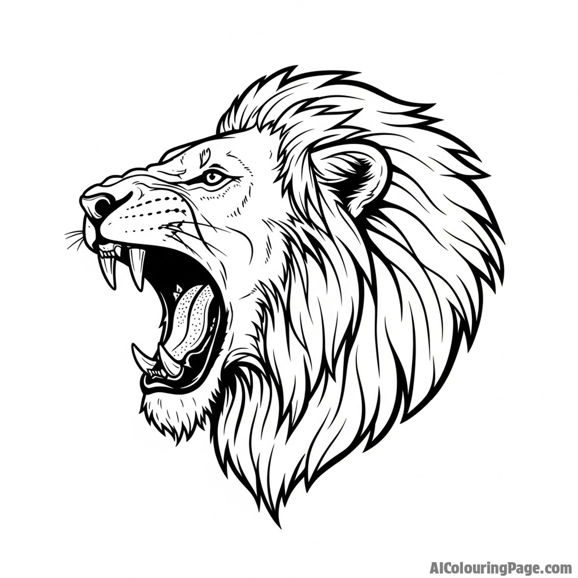 A woodcut-style illustration of a roaring lion's profile.