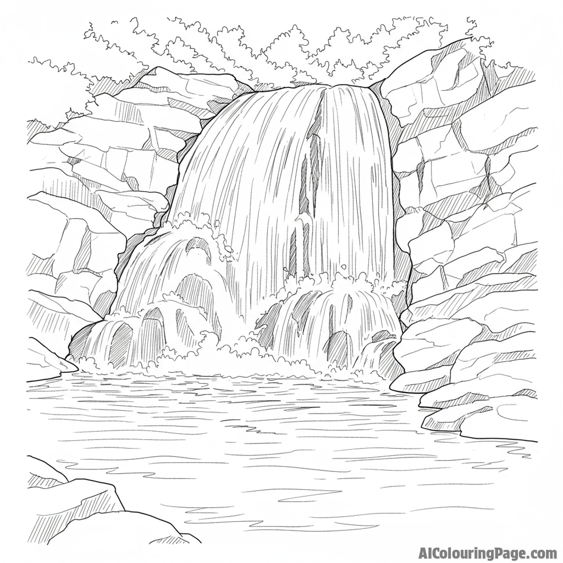 Waterfalls cascading down rocks into a pool below.