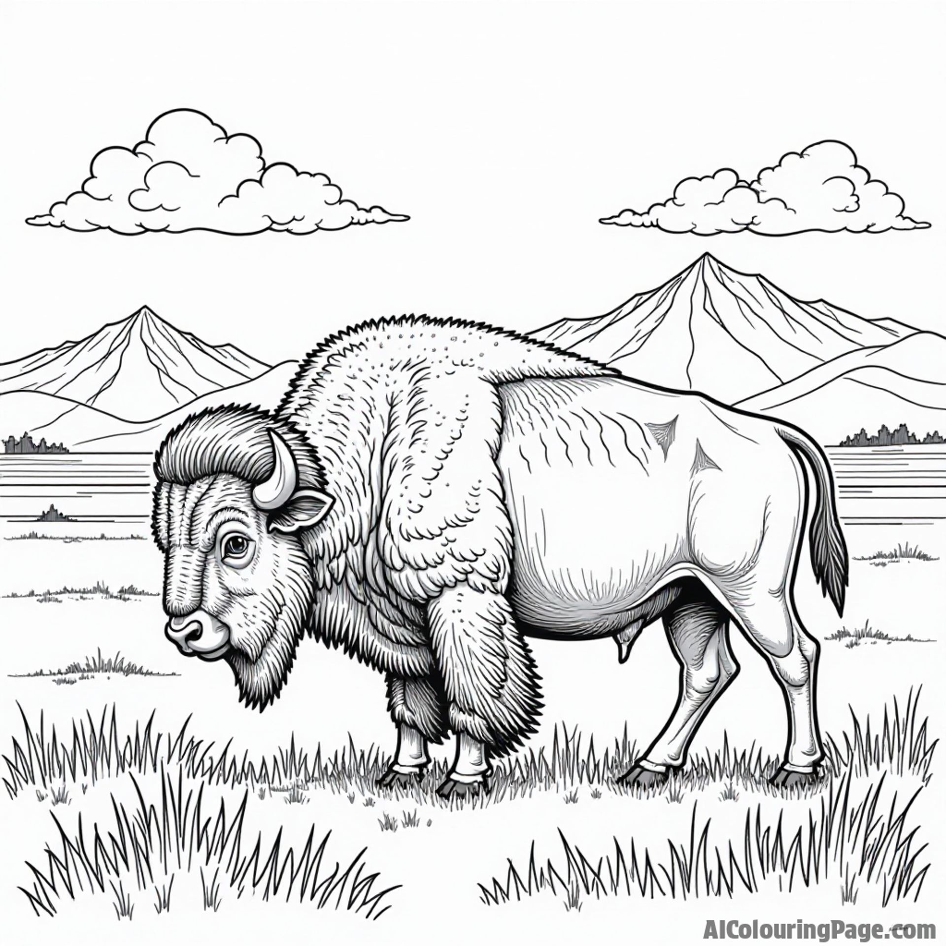 A bison grazing on the plains, with a distant mountain range and scattered clouds, creating an engaging coloring scene.