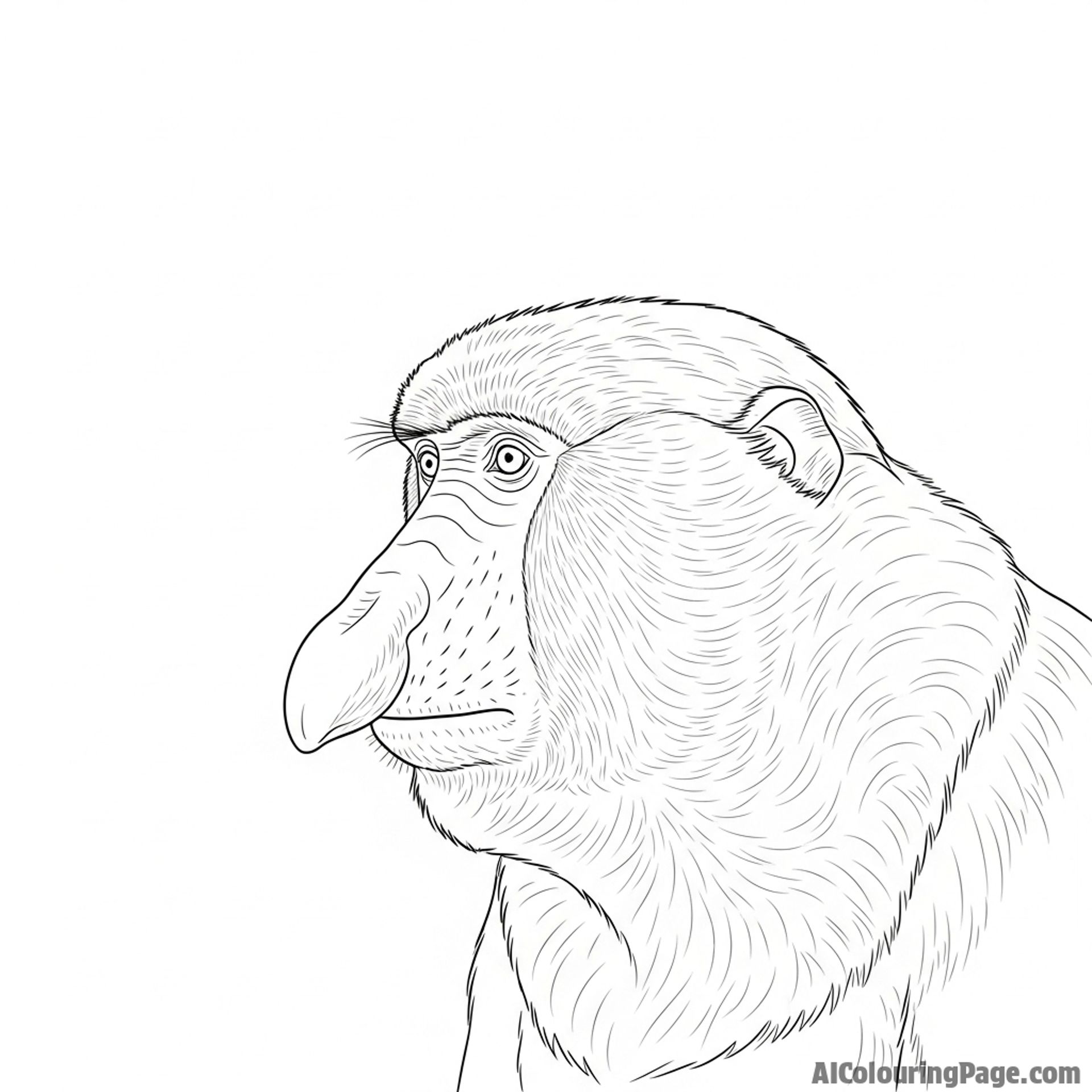 A solemn proboscis monkey in profile, highlighting its unique facial feature.