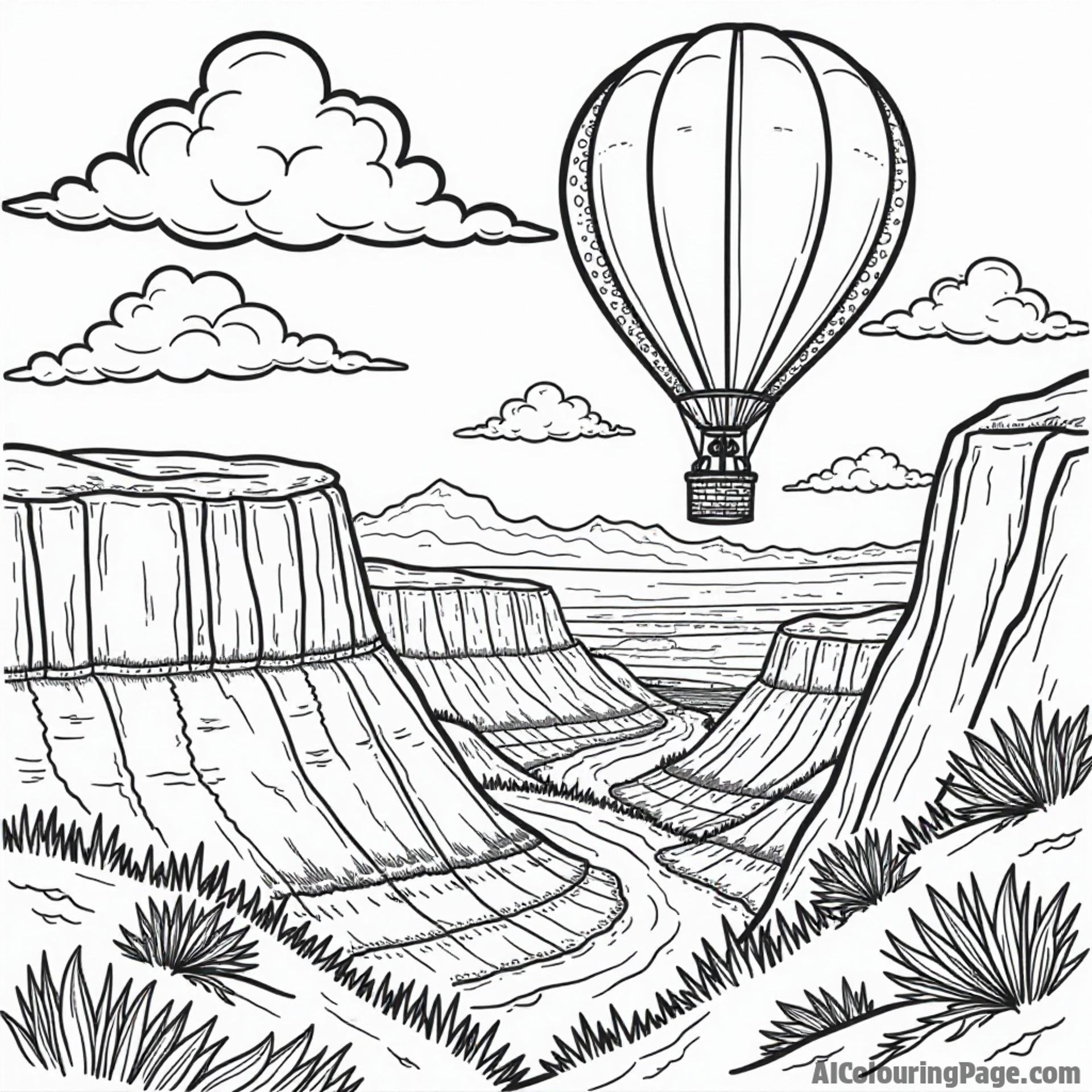 An adventurous Utah scene with a hot air balloon, a picturesque canyon, and fluffy clouds for kids to color in.