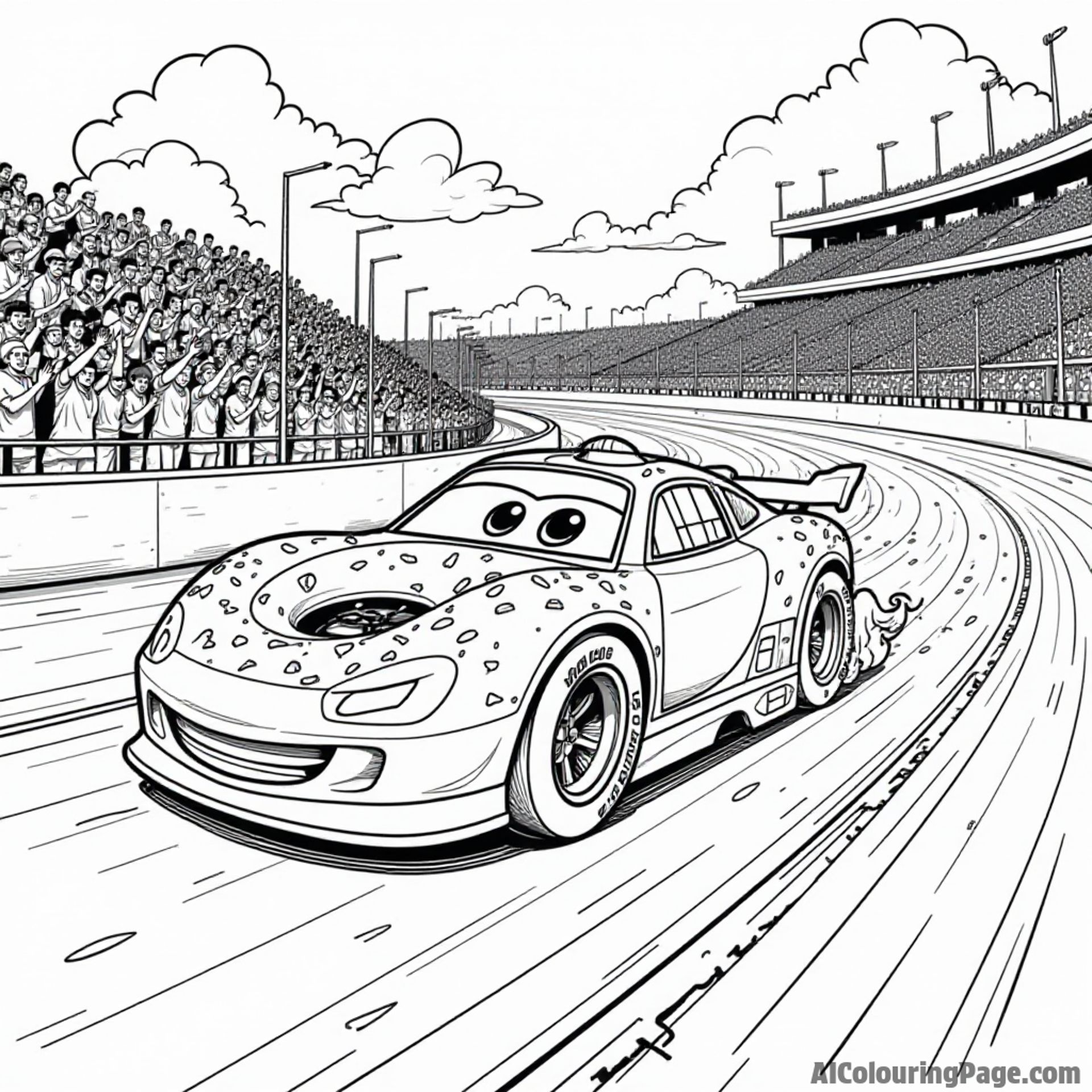 A donut-inspired race car zooming past cheering fans on a track lined with frosting and sprinkles.