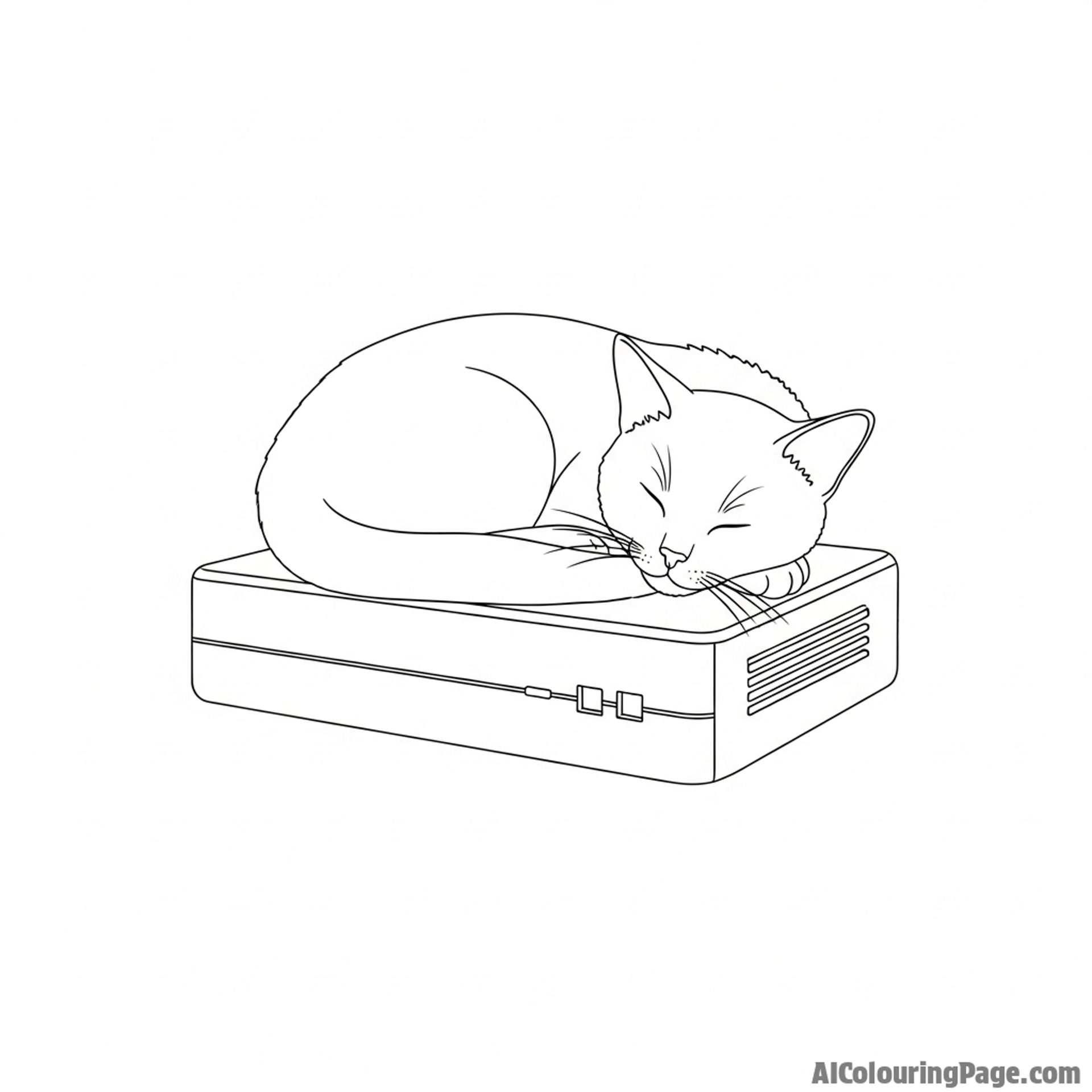 A cat sleeping on top of a warm piece of electronic equipment.